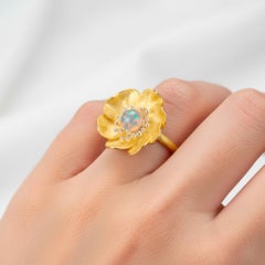 Peony flower ring with opal