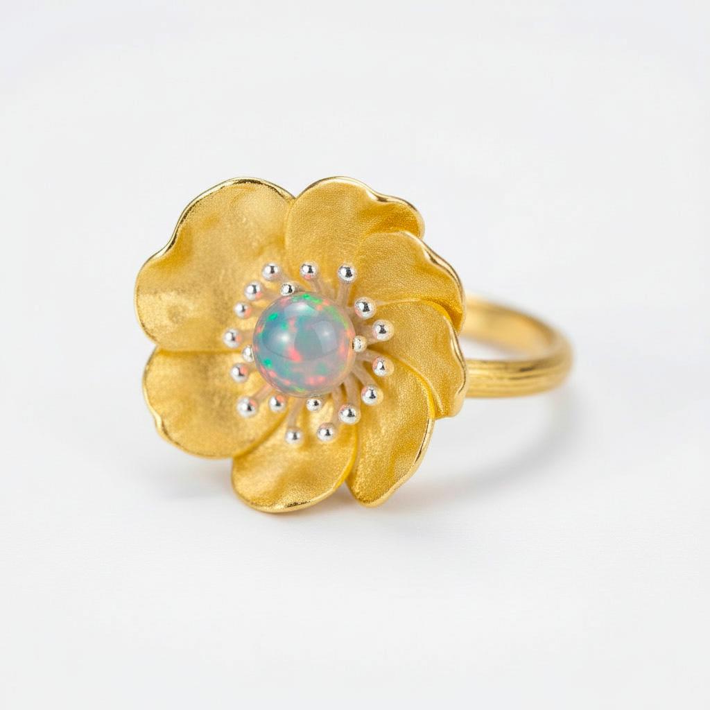 in vendita:  Anello con fiore di peonia e opale 6
