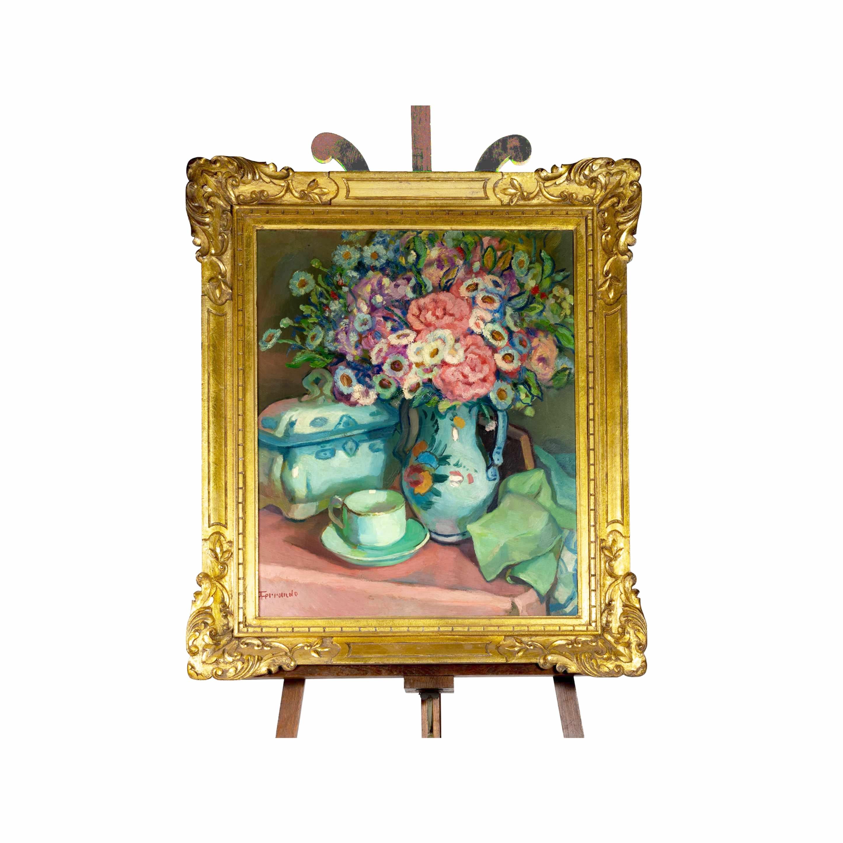 An early 1900s vibrant still nature painting of peony flowers in a blue vase cup on table. 
Oil on composite panel - platex.
Signed ‘A Ferrand’ (lower left).

Augustin Ferrando (1880 - 1957) made Miliana, a city in northern Algeria, his artistic