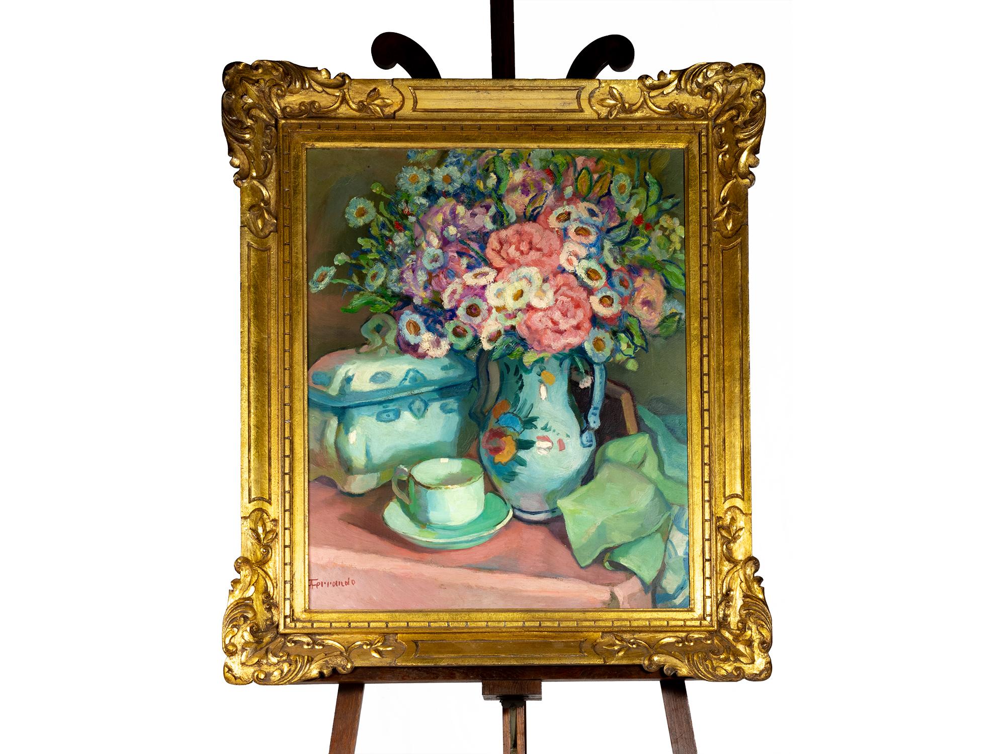 An early 1900s vibrant still nature painting of peony flowers in a blue vase cup on table. 
Oil on composite panel - platex.
Signed ‘A Ferrand’ (lower left).

Augustin Ferrando (1880 - 1957) made Miliana, a city in northern Algeria, his artistic