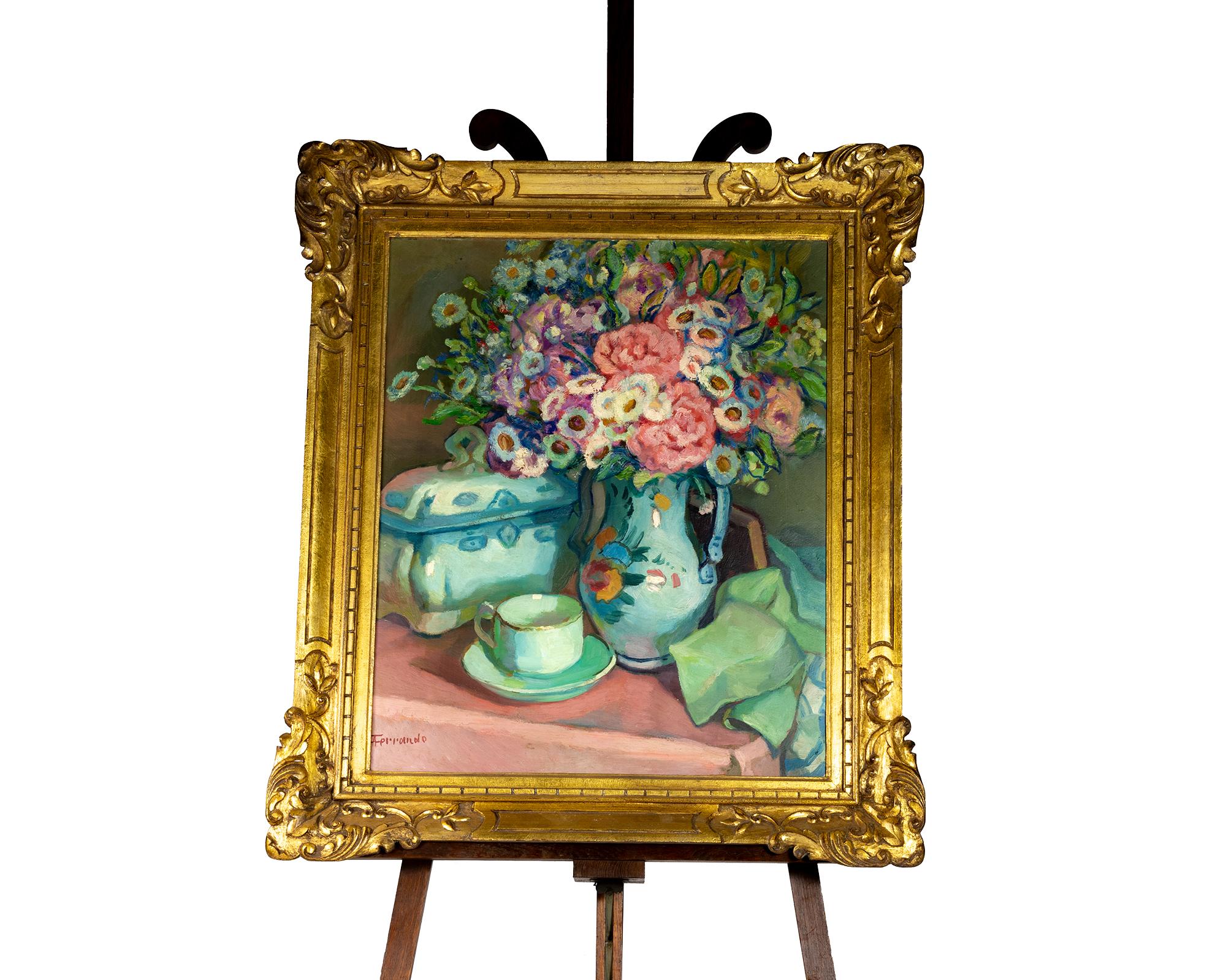Belle Époque Peony Flowers Painting by Augustin Ferrando 20th Century For Sale