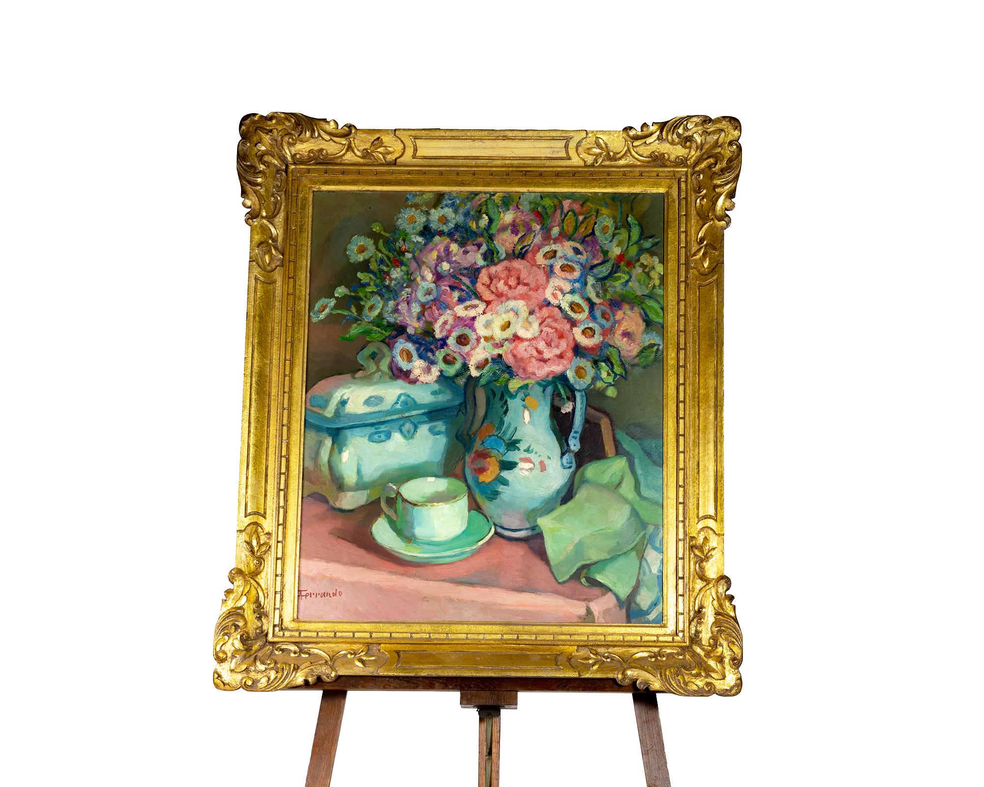 Oiled Peony Flowers Painting by Augustin Ferrando 20th Century For Sale