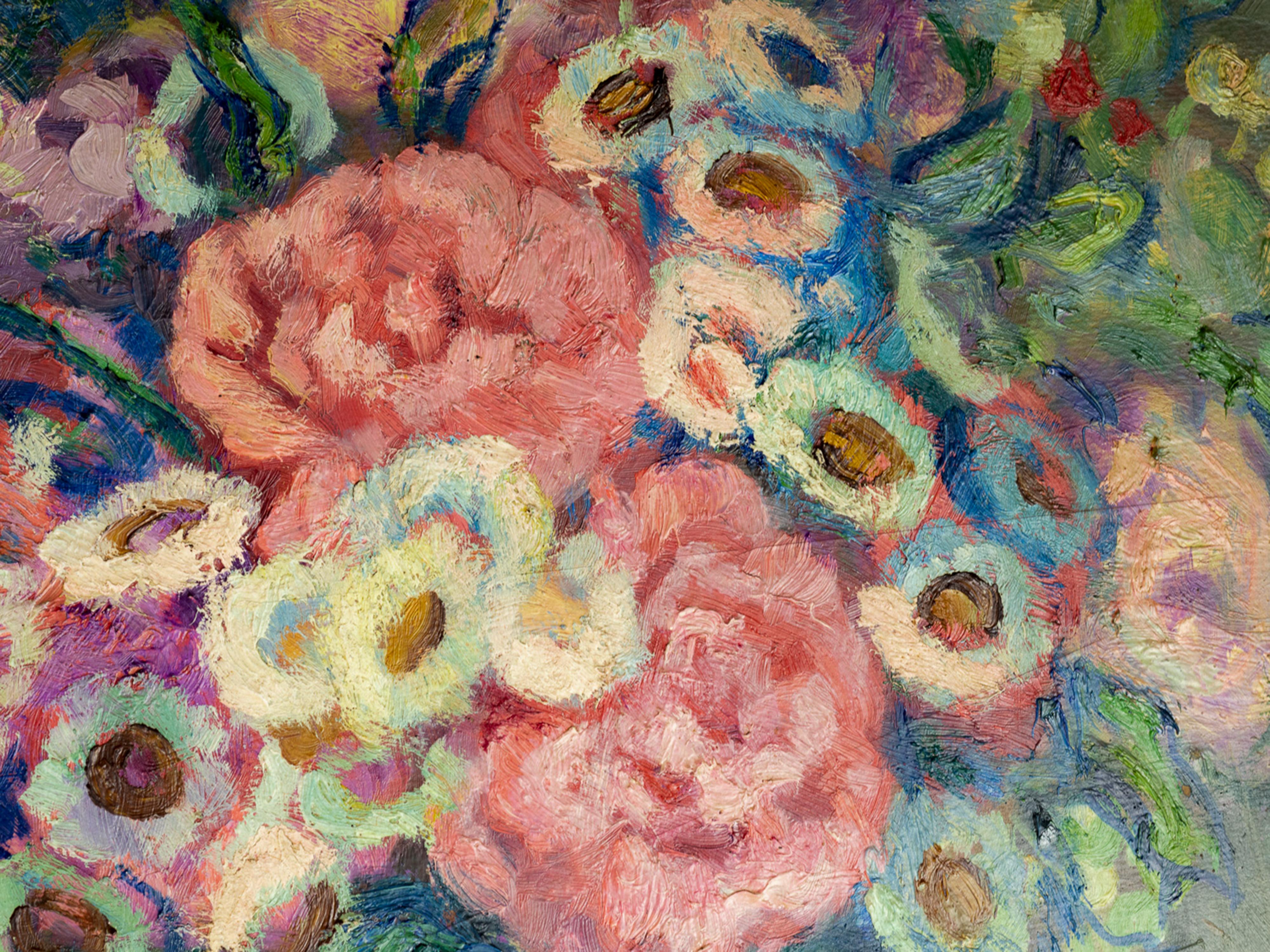Oiled Peony Flowers Painting by Augustin Ferrando 20th Century For Sale