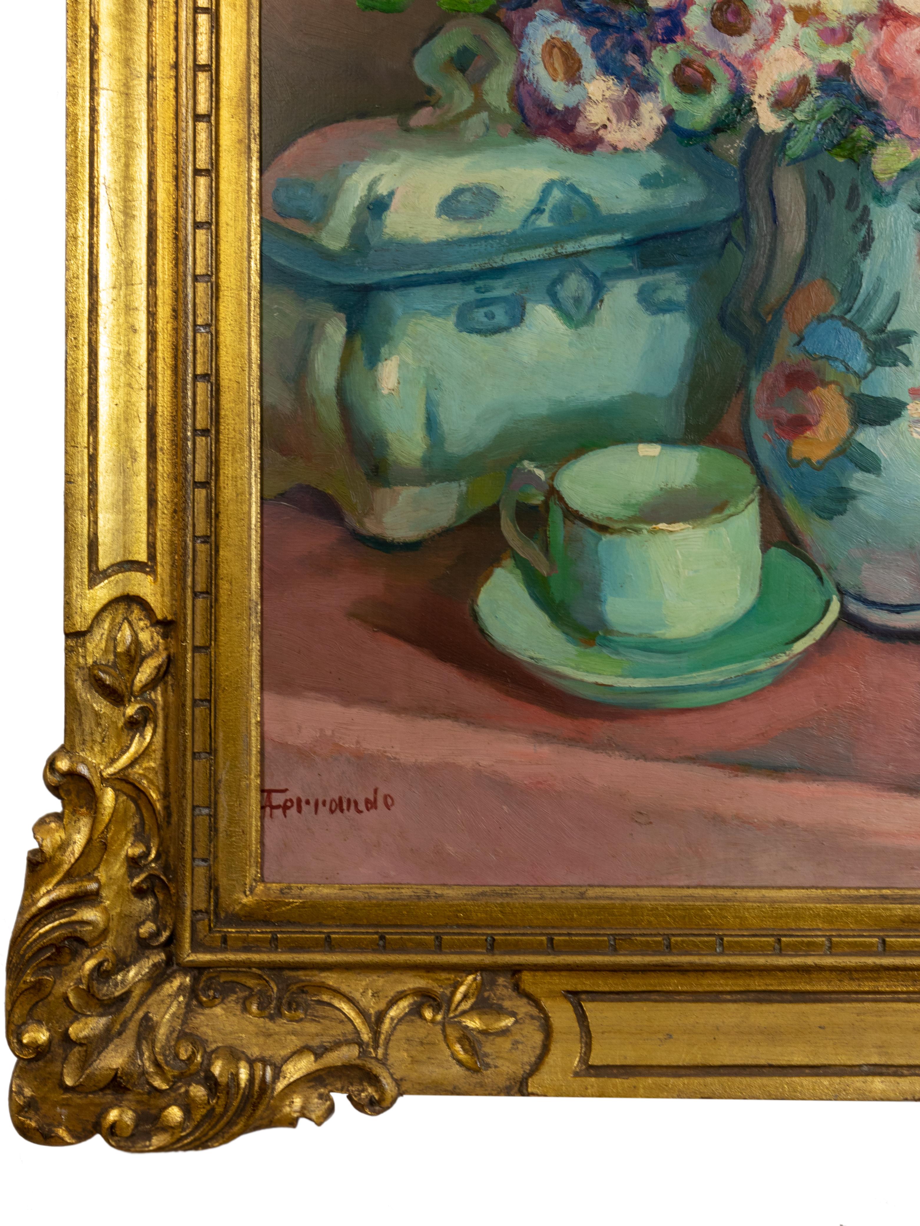 Peony Flowers Painting by Augustin Ferrando 20th Century In Good Condition For Sale In Lisbon, PT