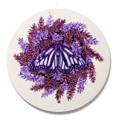 "Eternal I", Contemporary Acrylic Painting, Butterfly on Circular Wood Panel