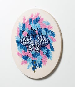 "Eternal III", Circular Acrylic Painting of Blue and Pink Floral Butterfly