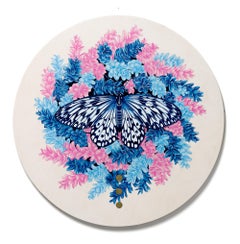 "Eternal III", Circular Acrylic Painting of Blue and Pink Floral Butterfly