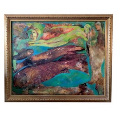 Pittura su tela "Persone e pesci" di Tamara Dubinovskaya