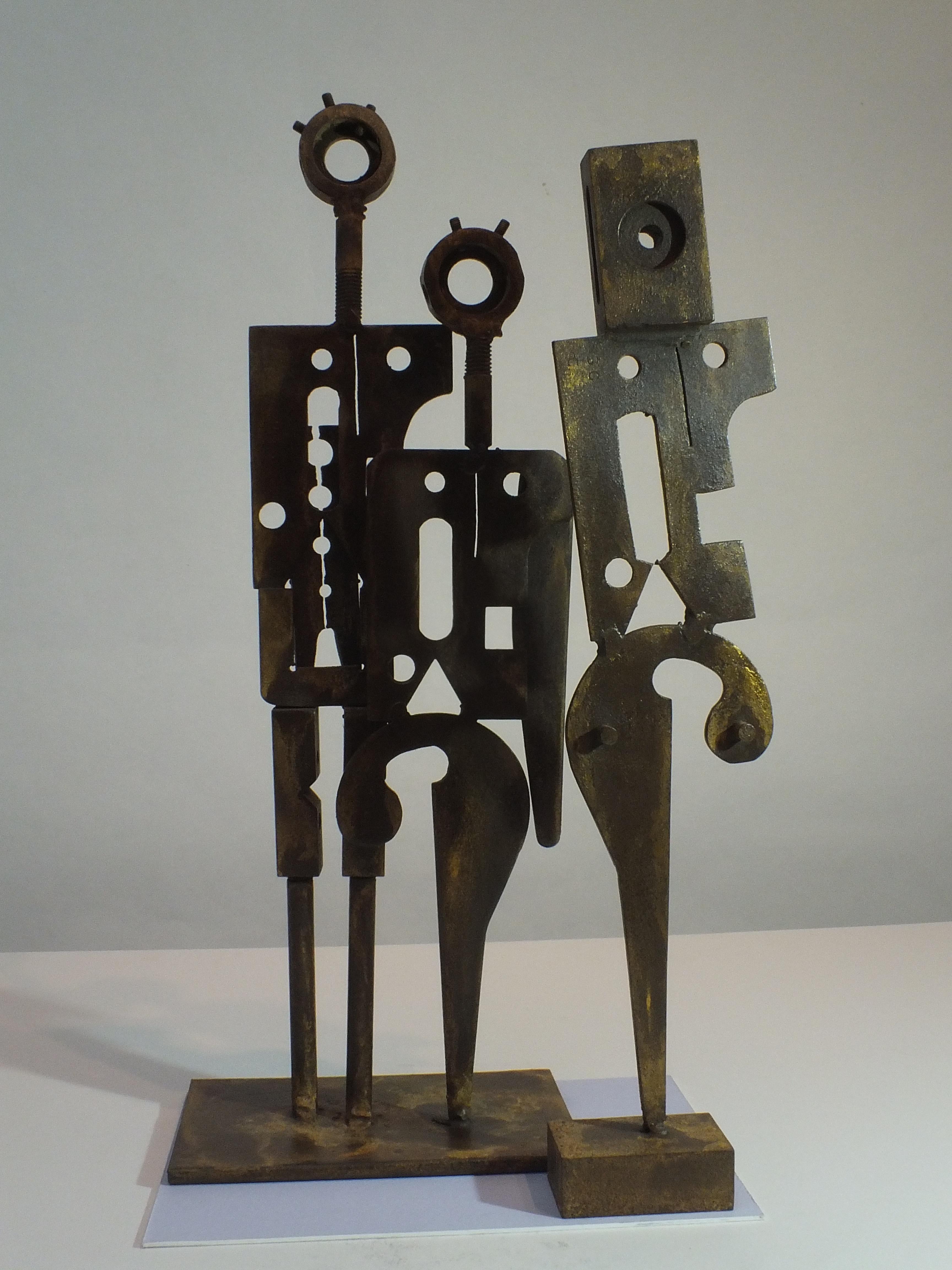 This 2-piece solid steel sculpture is a far more industrial, angular work from Rawlins. Perhaps looking at how people have evolved from earlier more simple eras into today's era of the machine and our reliance on them. However, the piece is not a
