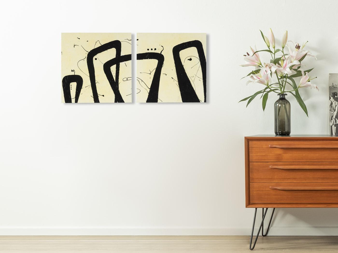 Fabio COLOMBO “People”. Abstract illustration of a human crowd. Spatula technique combined with acrylic paint and a glossy finish. Set of 2. Ready to hang. Measures: 82 x 41 cm.
  