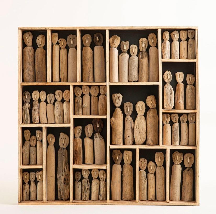European PEOPLE Wall Art Sculpture - 40 inc - Wooden, Square, Bomeian Organic Look Art For Sale