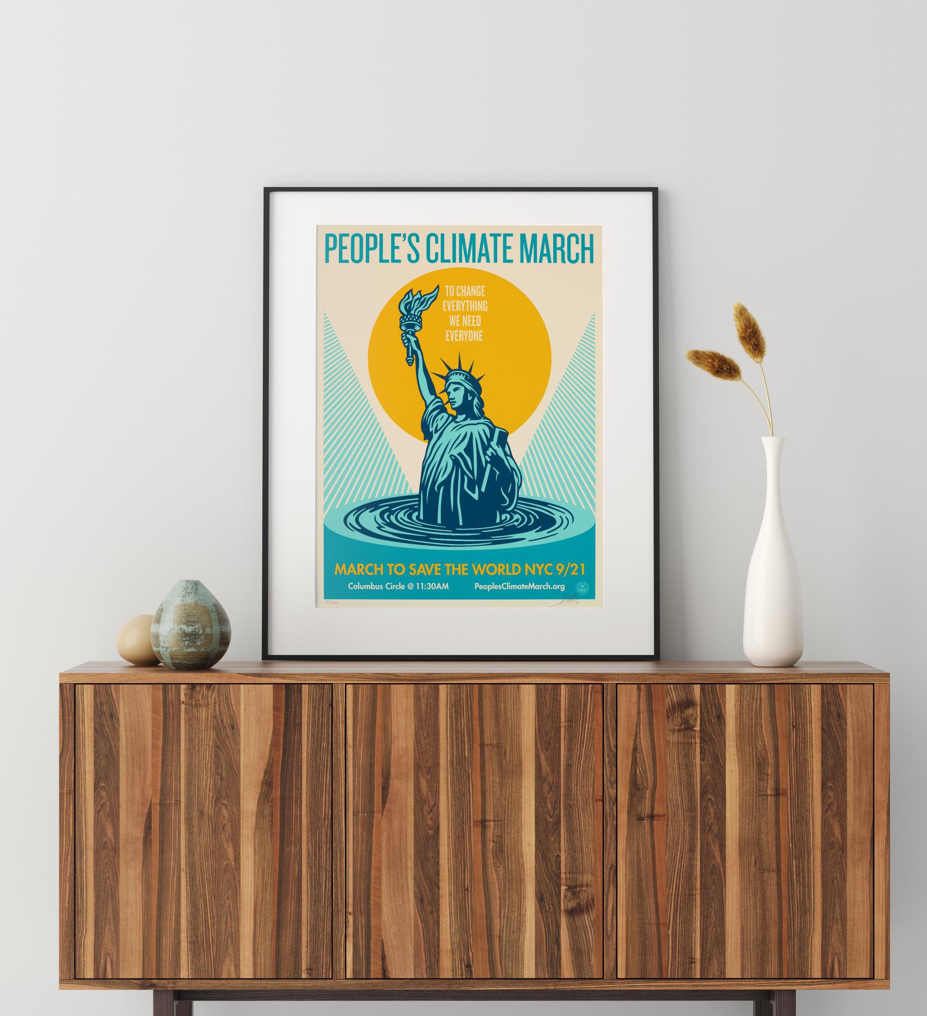 We love this striking limited edition screenprint by Shepard Fairey. Stunning colours and superb, powerful graphics depicting the iconic Statue of Liberty against a growing seering sun and drowning in rising sea levels.

Fairey created it for the