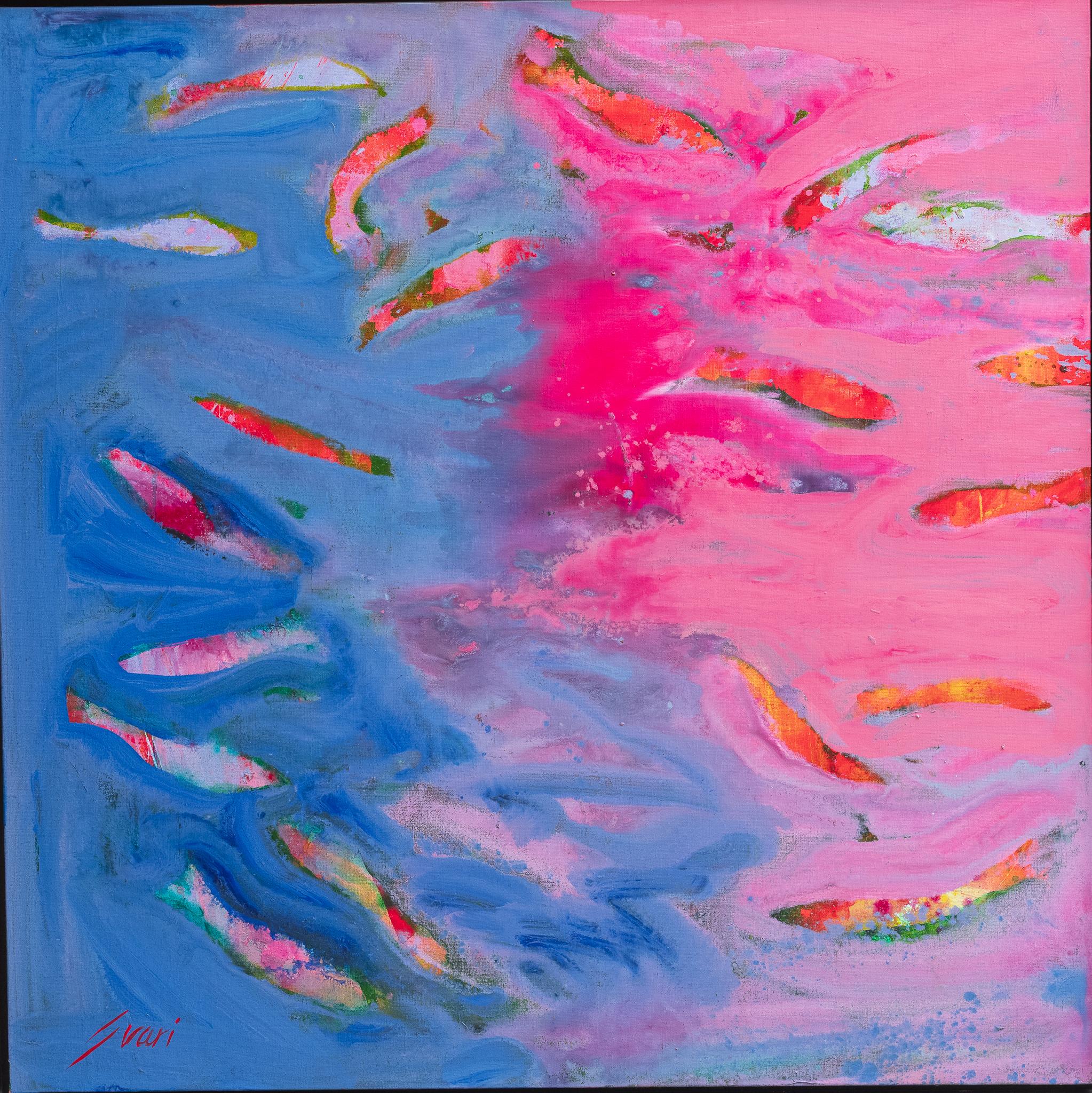 "Blue and Mauve Fish" large bright colorful abstract animal painting on canvas