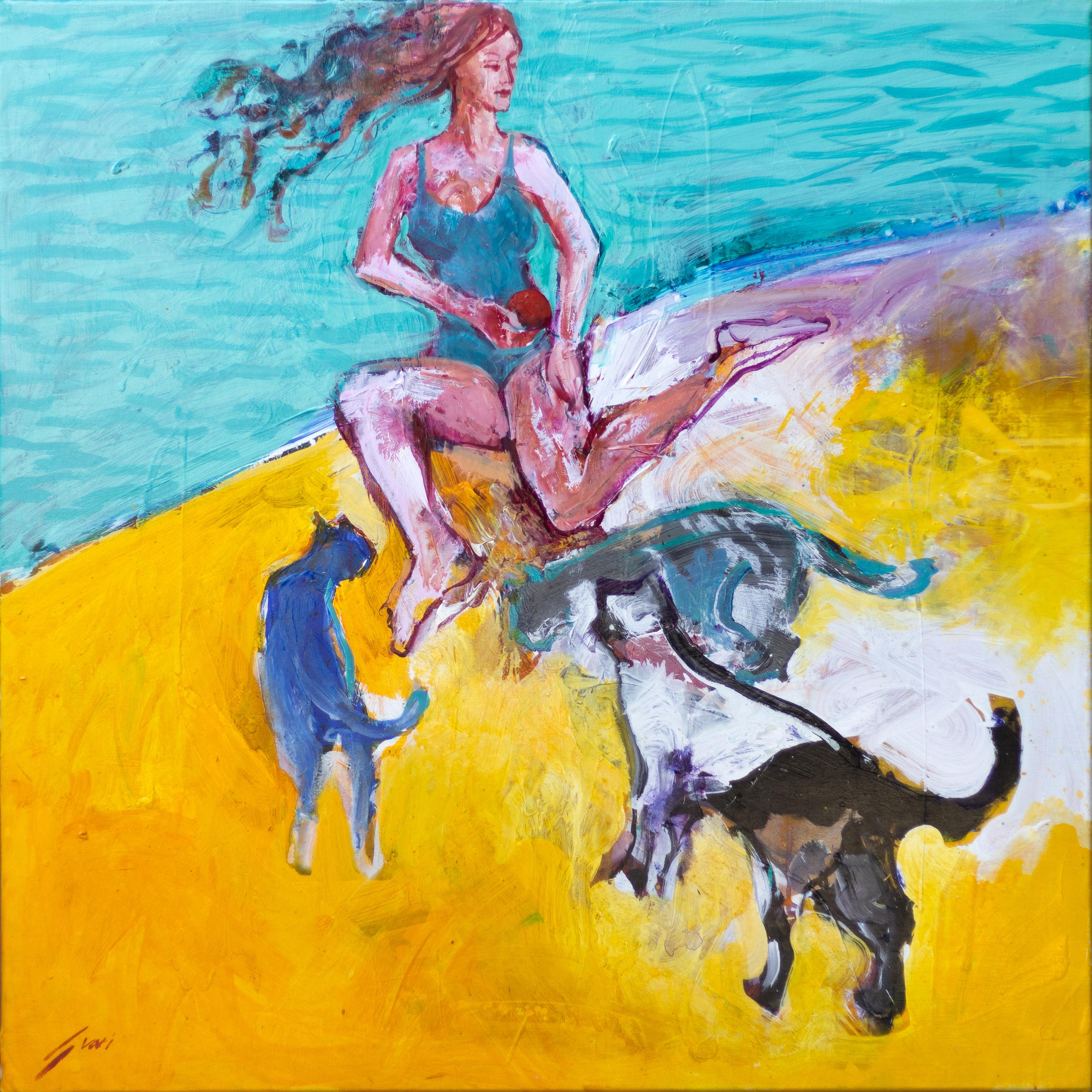Pep Suari Figurative Painting - Cats and a Woman