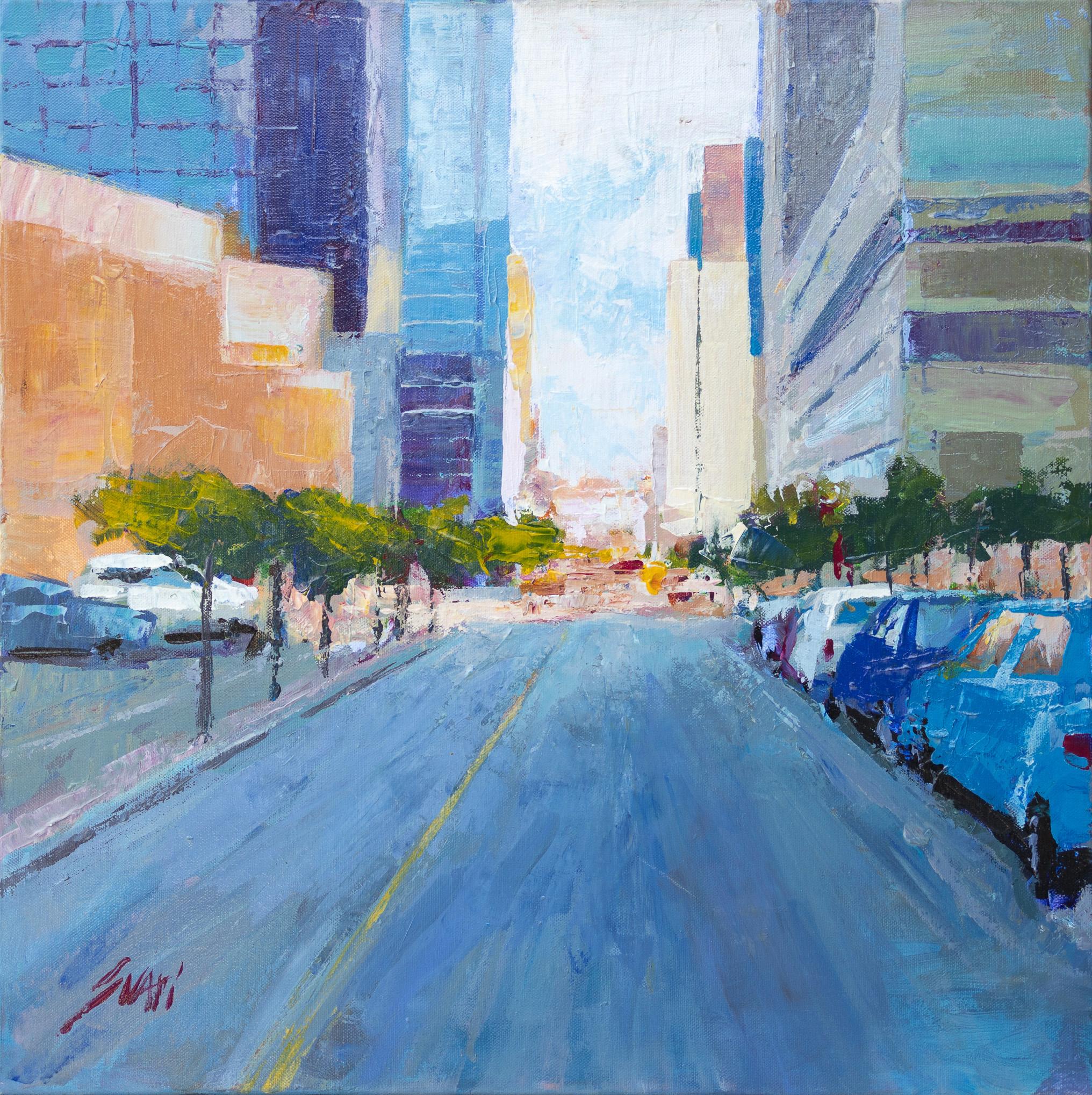 Pep Suari Landscape Painting - "Congress Avenue" Austin, Texas Urban Cityscape Street Scene