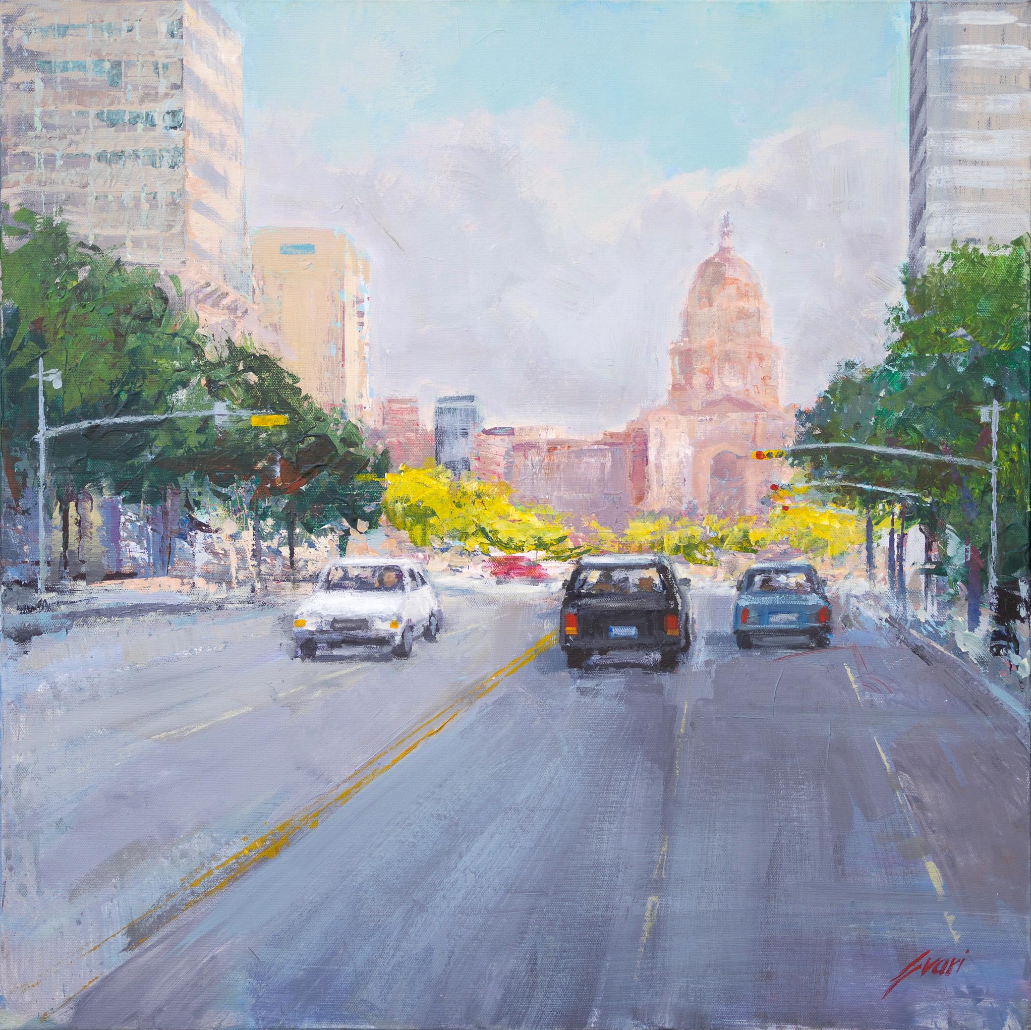 Pep Suari Landscape Painting - "Congress Avenue" Cityscape Street Scene in Downtown Austin, Texas