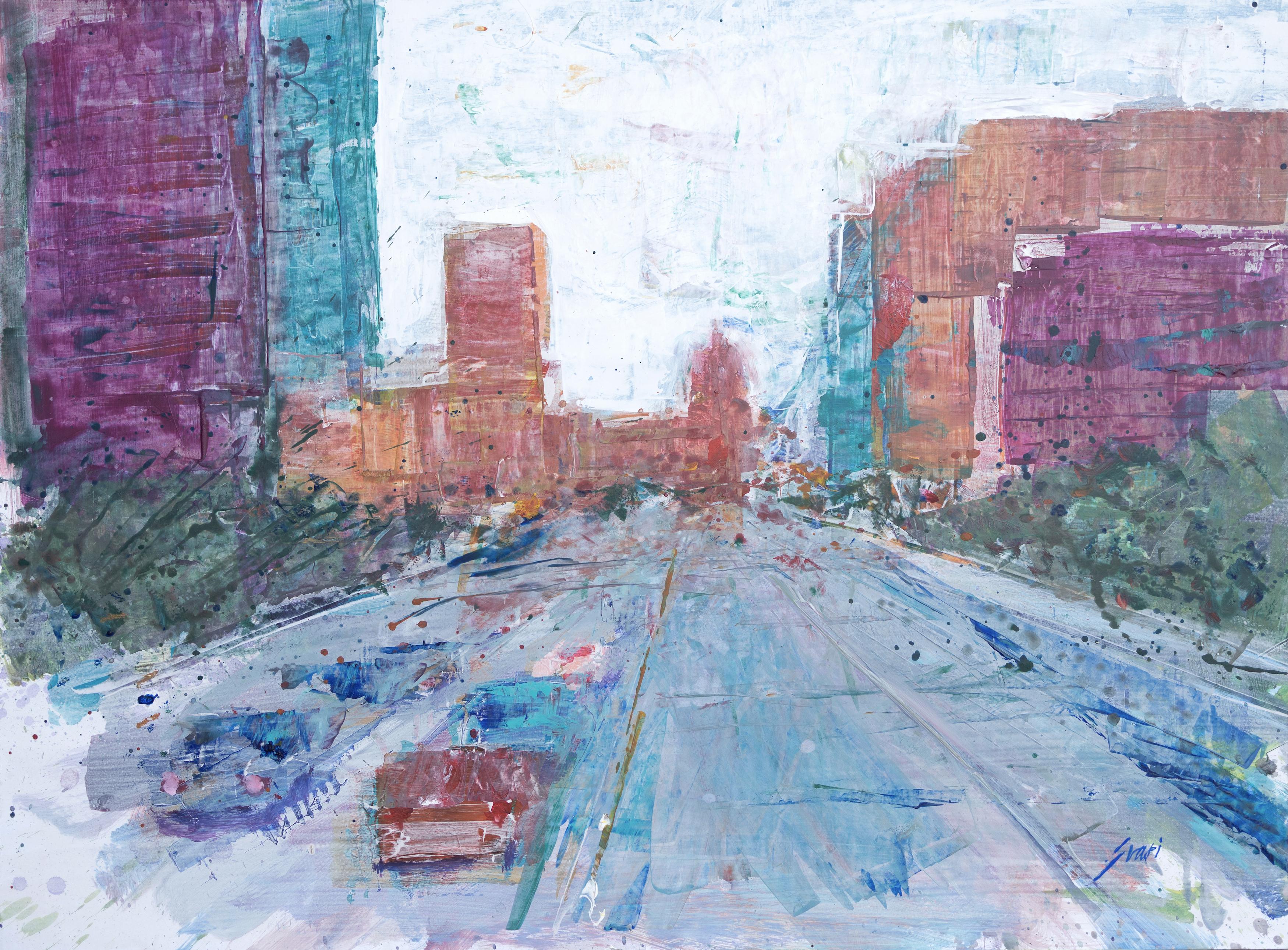 Pep Suari Landscape Painting - "Congress Avenue" Expressionist painting of downtown Austin, Texas