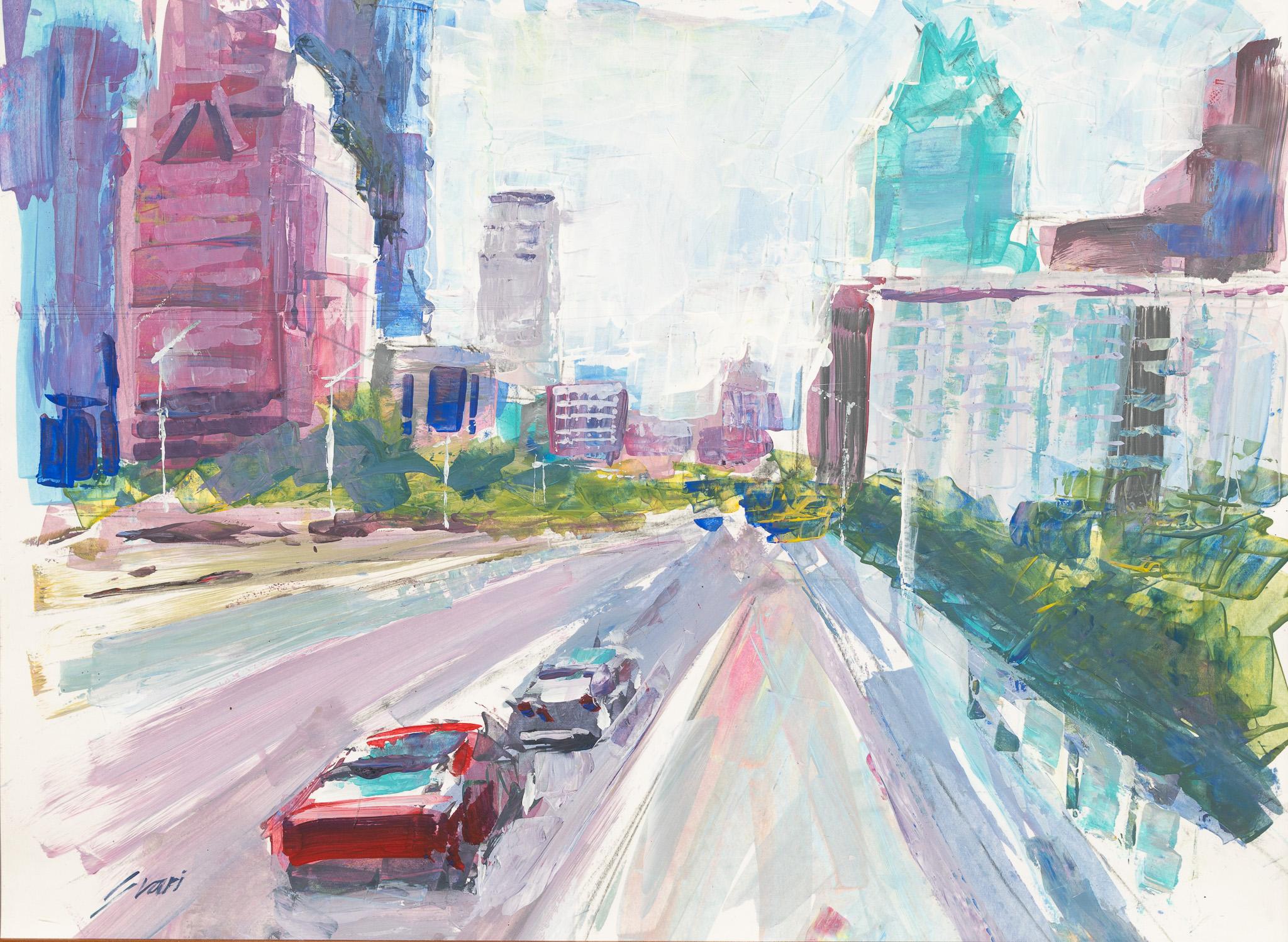 Pep Suari Landscape Painting - "Congress Avenue (VI)" Austin, Texas Urban Cityscape Street Scene