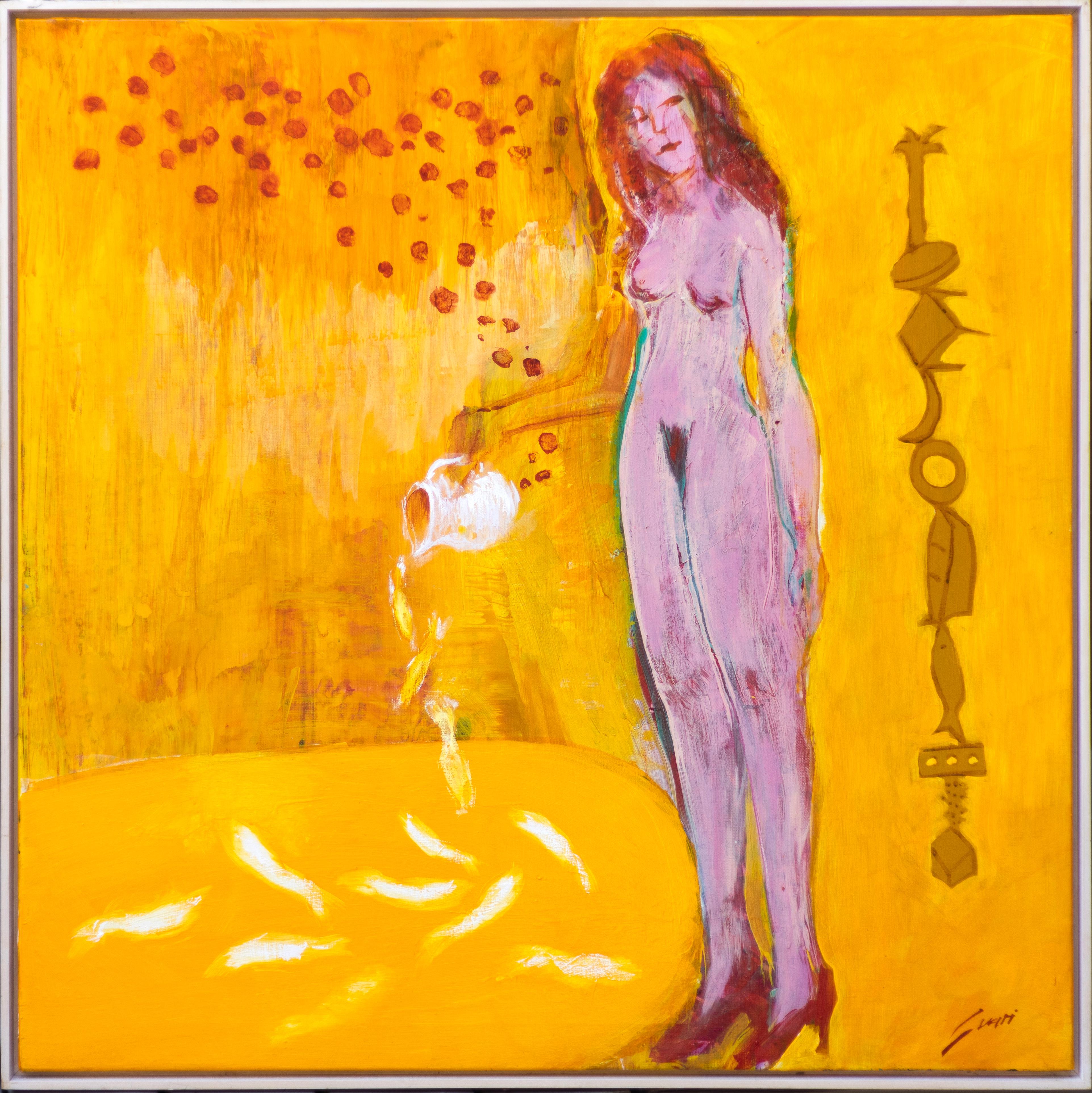 Dream Fountain, Neo-Expressionist Nude - Orange Nude Painting by Pep Suari