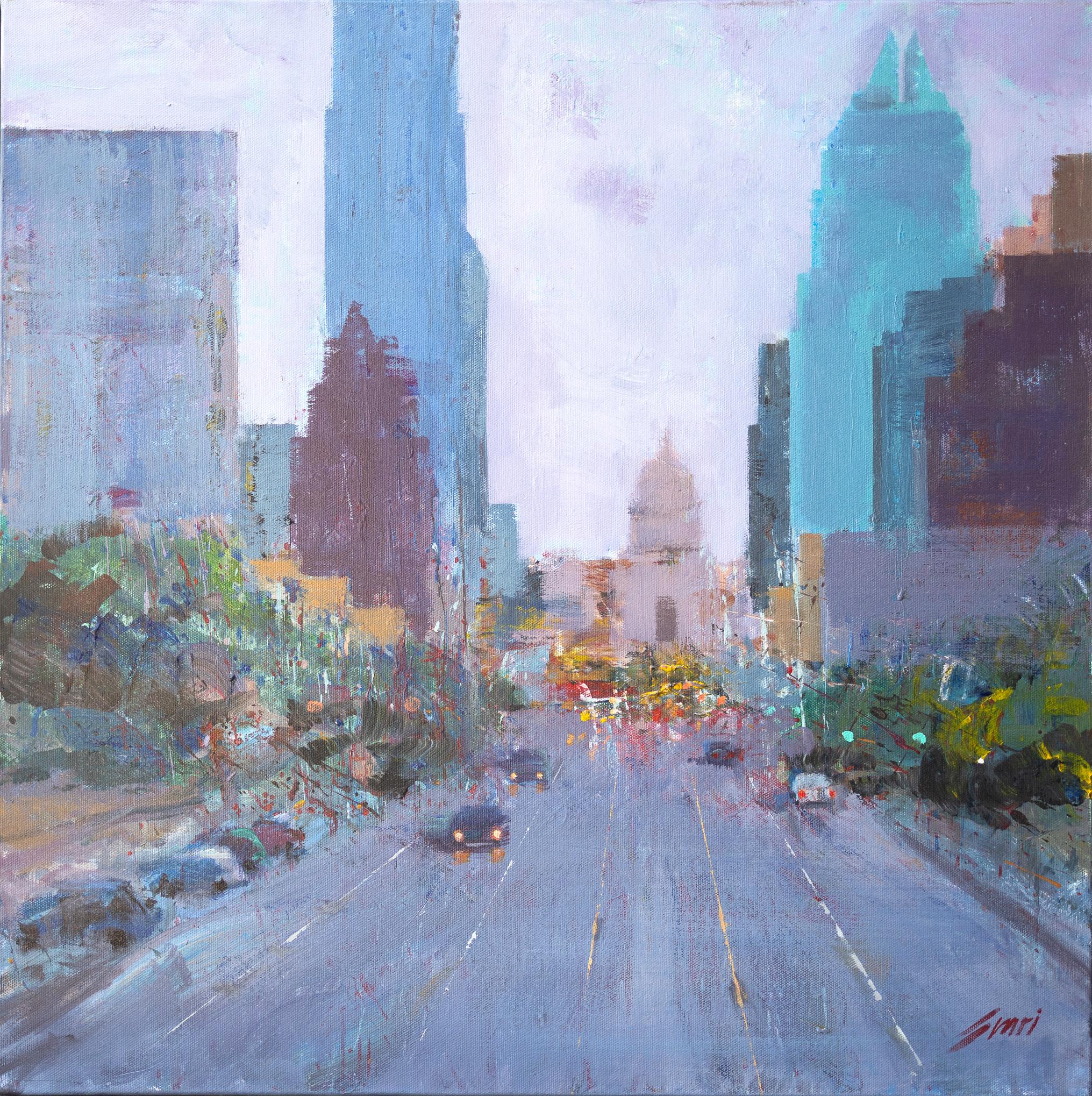 Landscape Painting Pep Suari - "Evening on Congress Avenue" - Carte de la ville impressionniste d'Austin, Texas