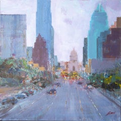 "Evening on Congress Avenue" - Carte de la ville impressionniste d'Austin, Texas
