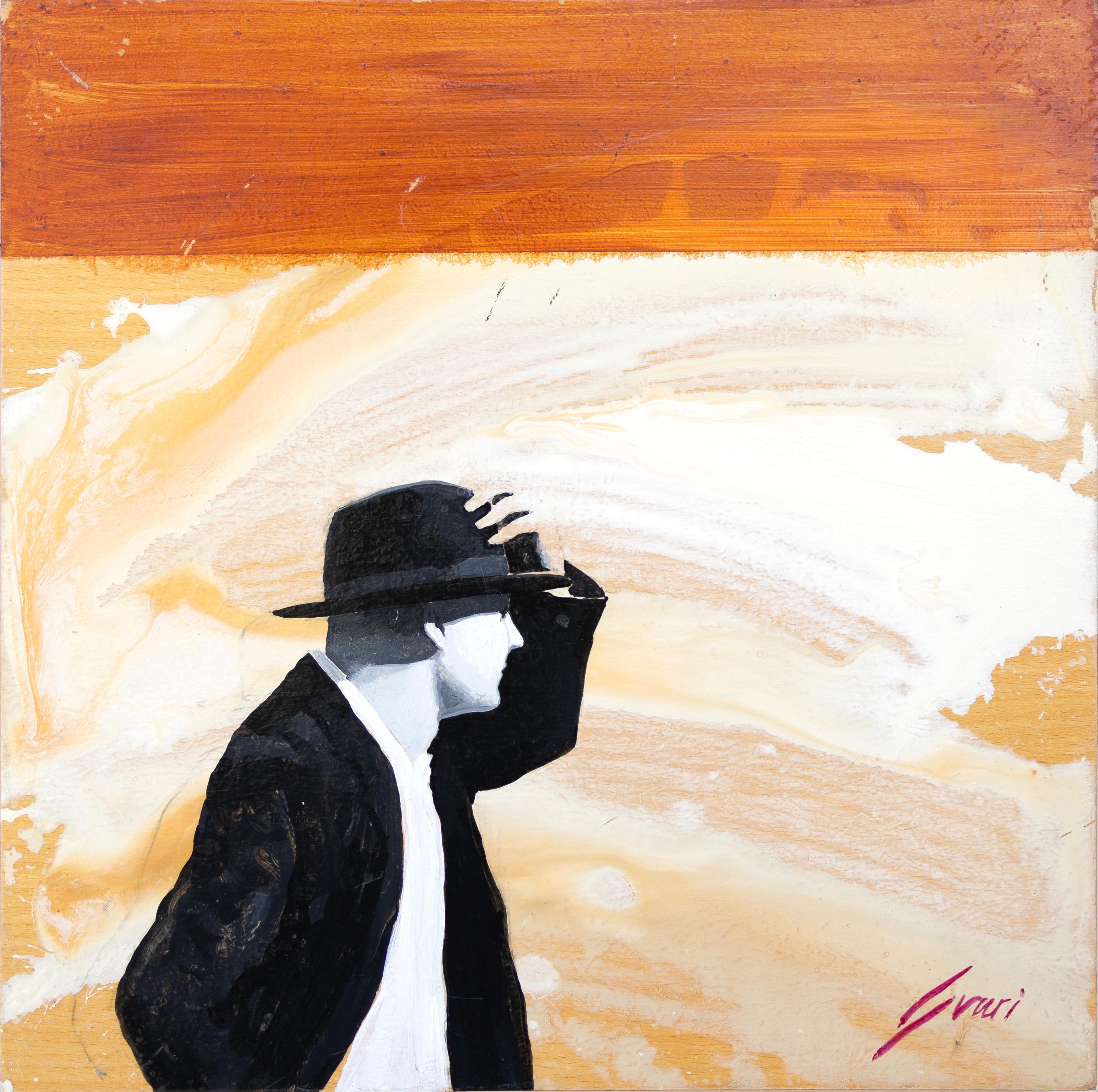 This expressionist piece by Majorcan artist Pep Suari depicts a man holding his hat in the wind with an orange background with white gestures.
12" x 12" - acrylic on canvas 