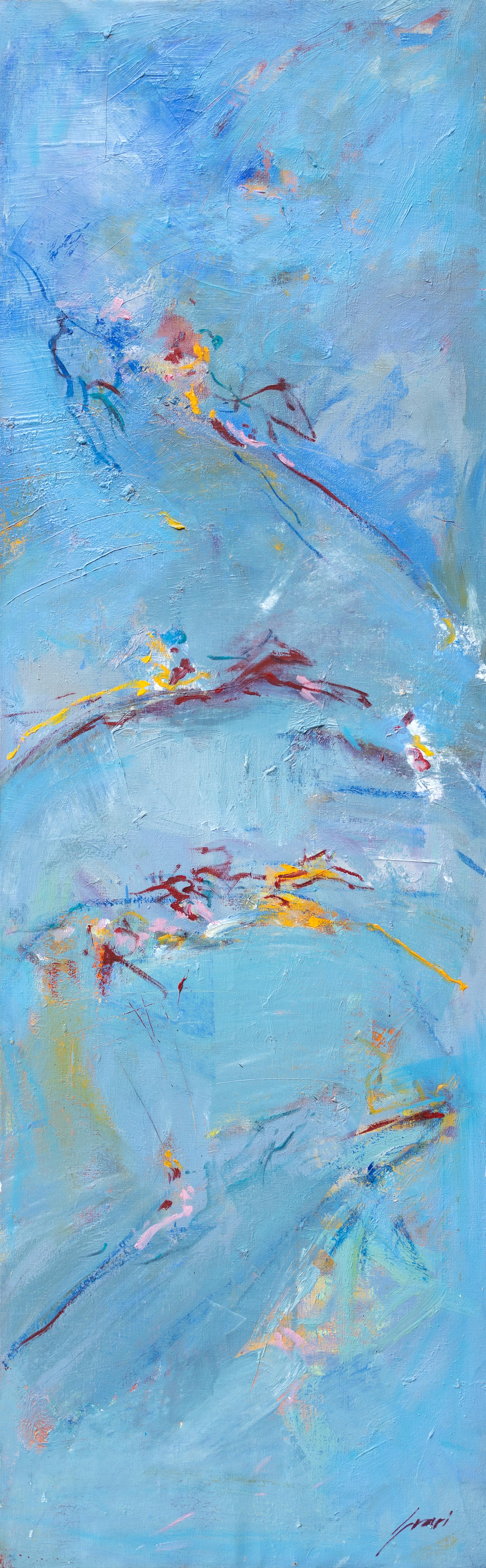 This abstract expressionist piece by Mallorcan artist Pep Suari gracefully depicts the movement of four horses across a sky blue background. 
By Pep Suari
57.5" x 18.25"  Acrylic on Canvas