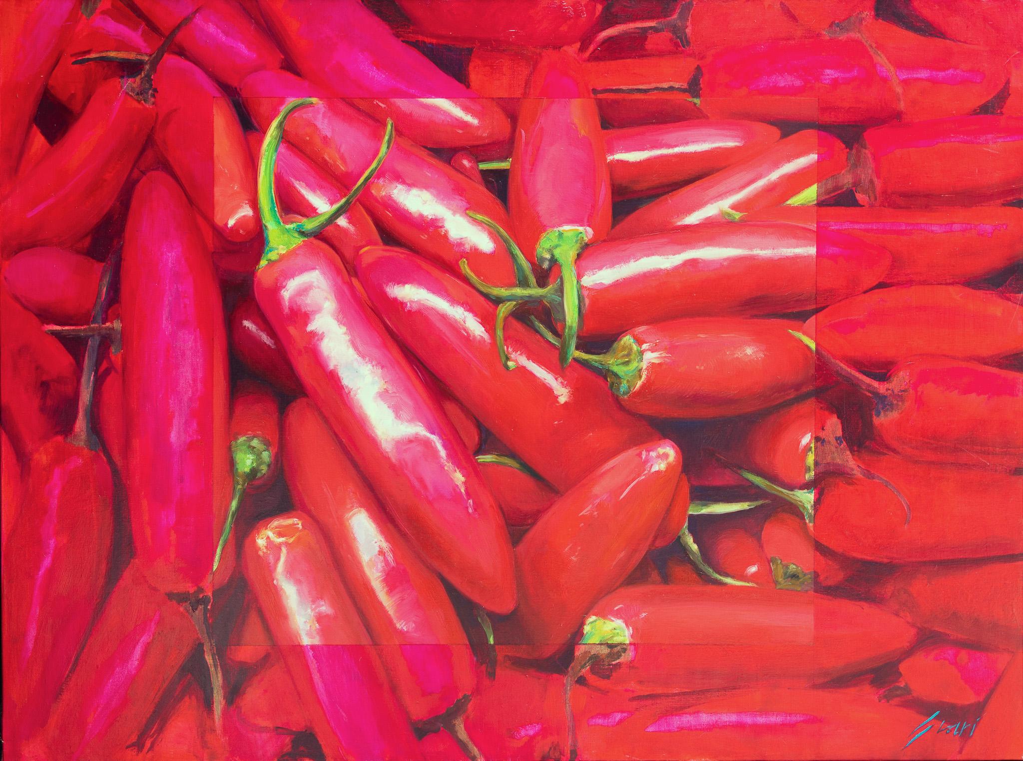 Pep Suari Still-Life Painting - "Hot Chilis" Large Acrylic Painting with Rectangular Abstraction