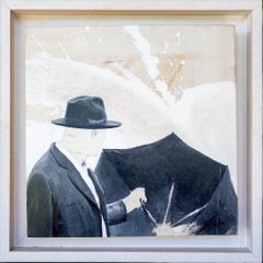 "Man with an Umbrella" Figurative Black and White Painting