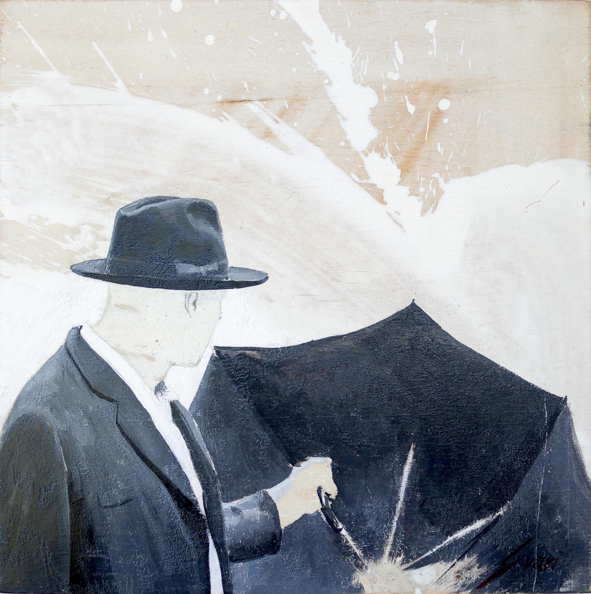 Figurative Painting Pep Suari - "Homme au parapluie" Peinture figurative en noir et blanc