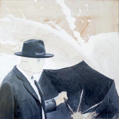 "Man with an Umbrella" Figurative Black and White Painting