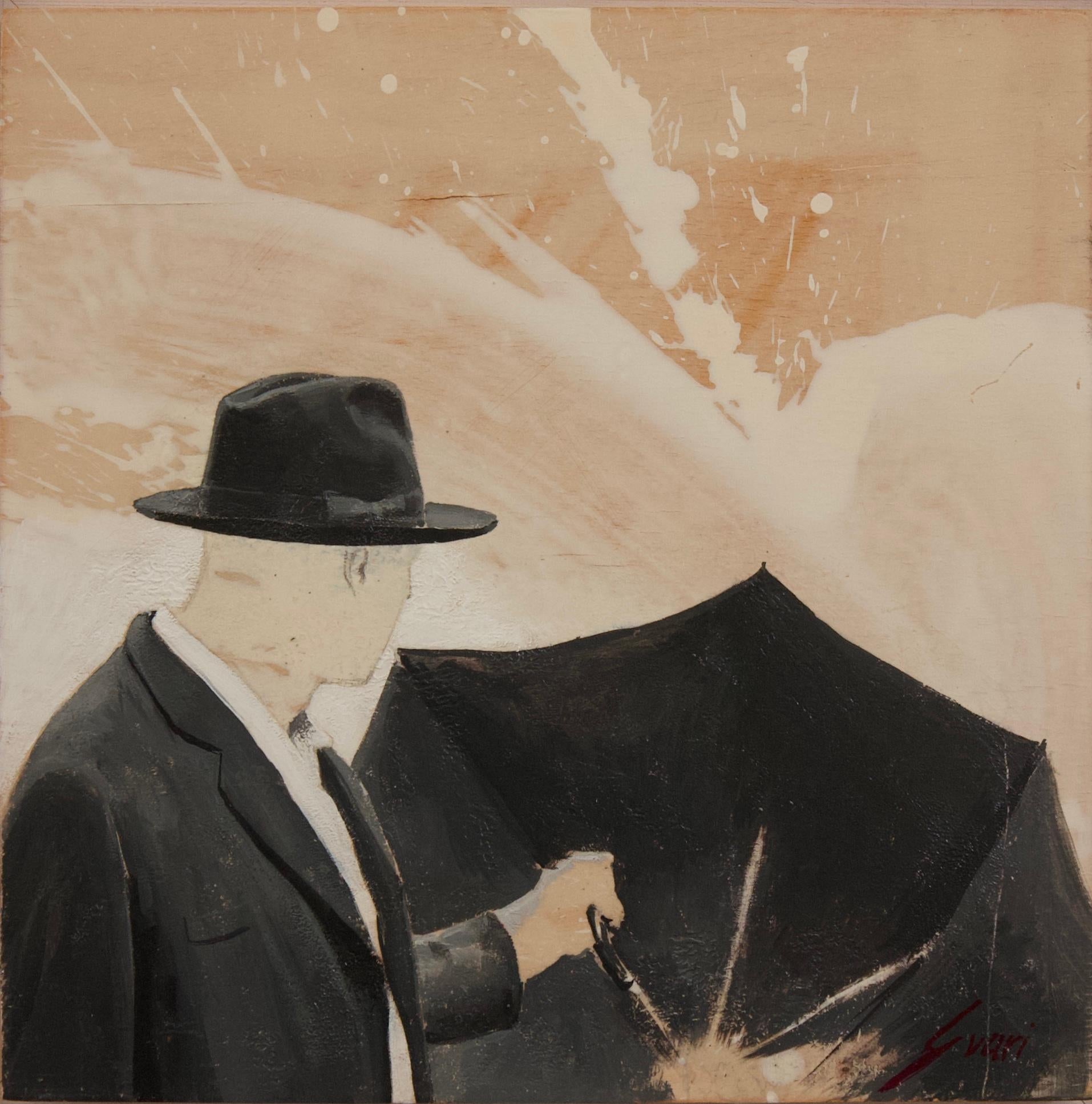 Pep Suari Abstract Painting - Man with Umbrella