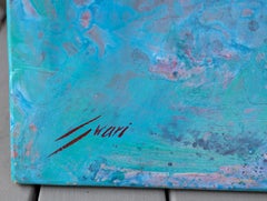 "Nenufares Fonda Azules, " Expressionist Painting of a Pond with Pink Lily Pads