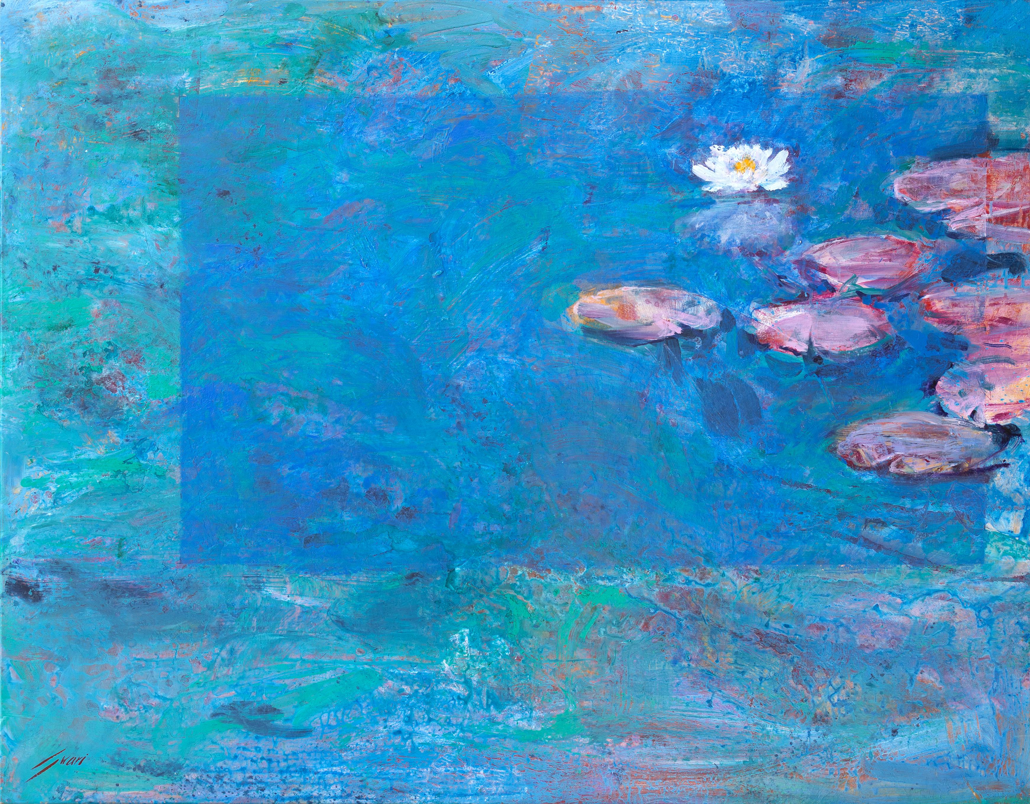 "Nenufares Fonda Azules, " Expressionist Painting of a Pond with Pink Lily Pads