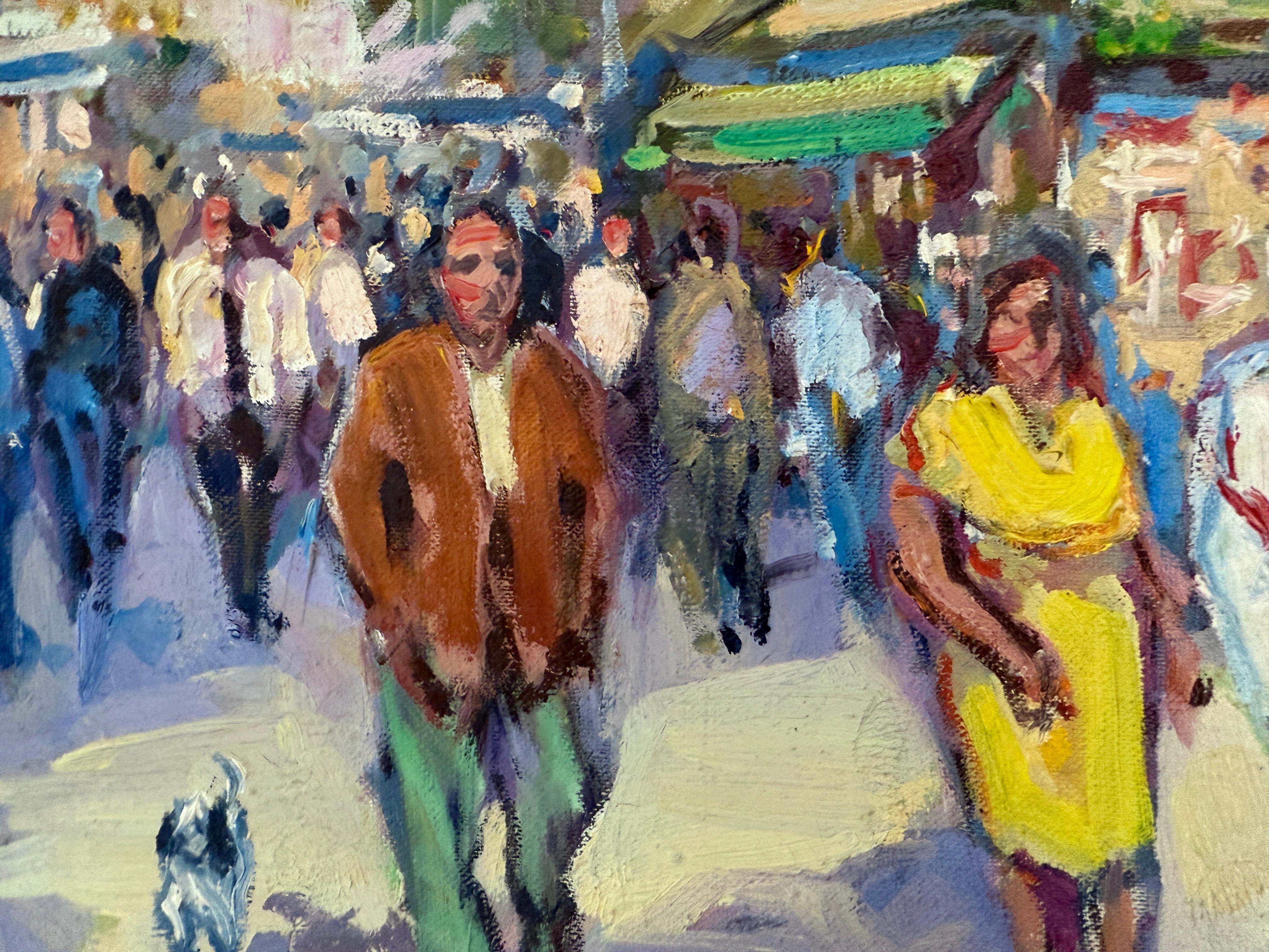 La Rambla Barcelona Spanien Öl auf Leinwand Gemälde Europäische Kunst (Braun), Figurative Painting, von Pepe Antequera