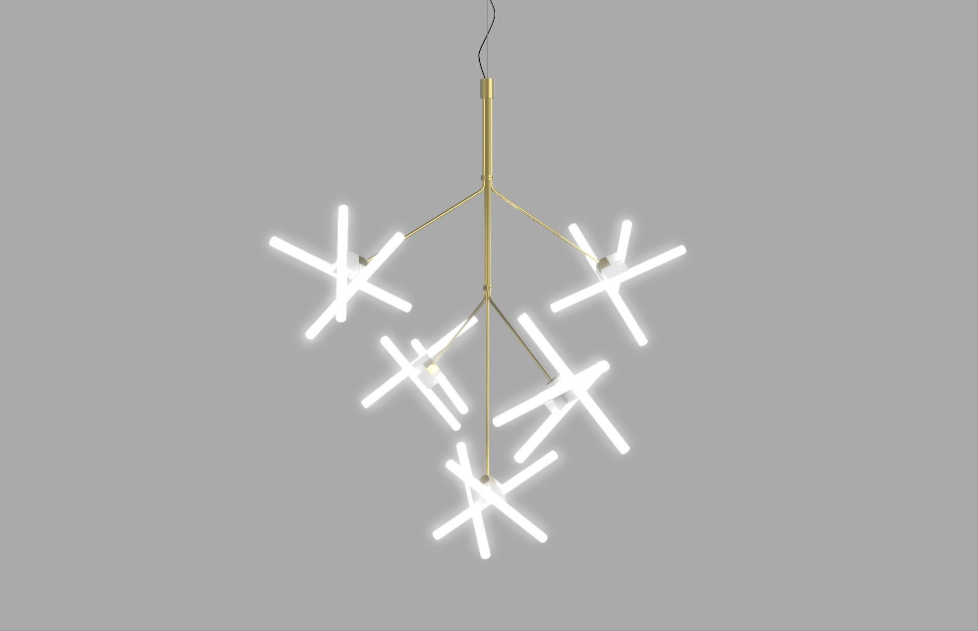 Olvidada chandelier designed by Pepe Cortes.
Manufactured by BD Barcelona 

Steel structure and lampholder nucleas with a brass scotch polished finish. 
Linestras 9W LED S14D 3x9W LED suitable for 110 v. and v 220. 
Certified CE UNE-EN