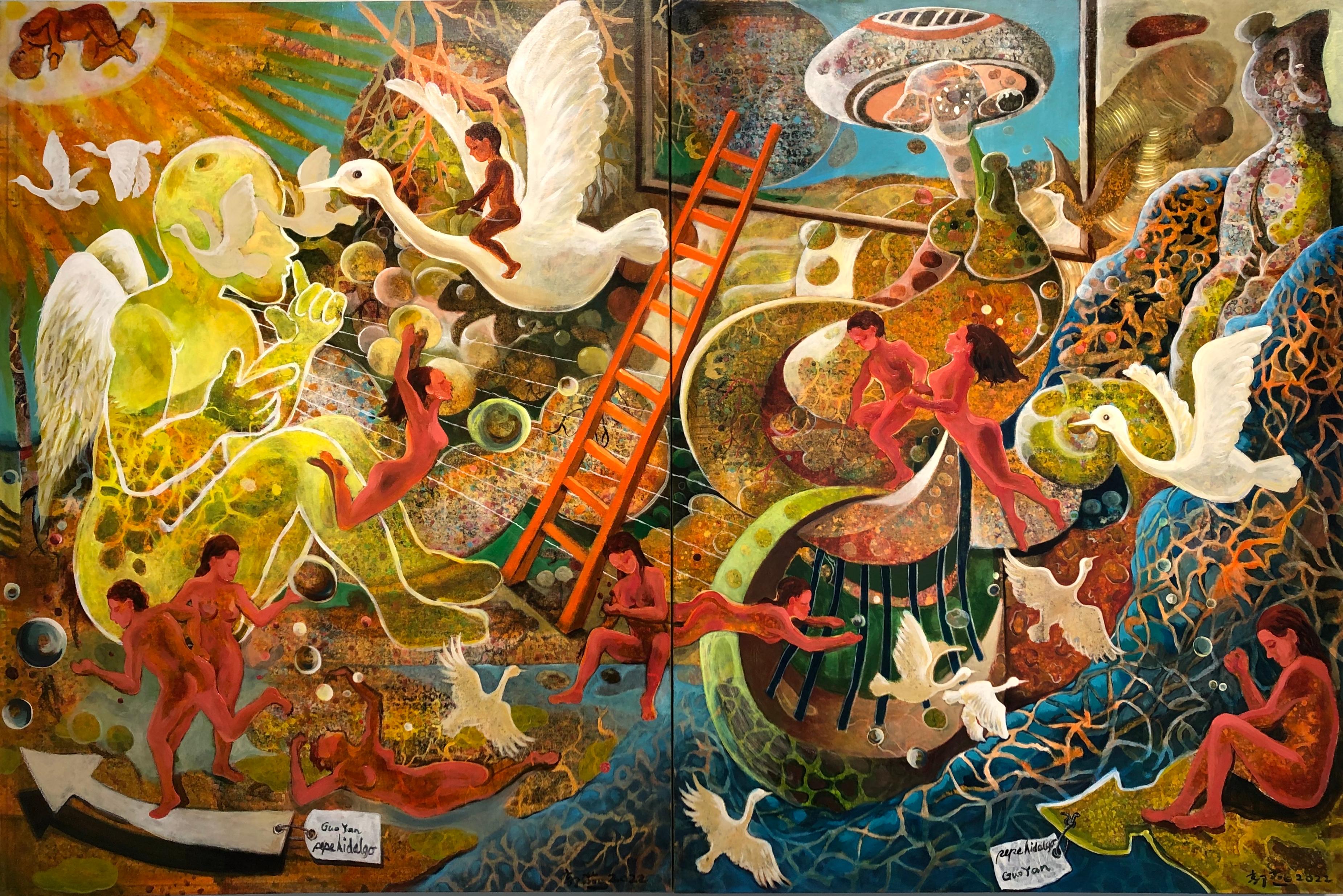 Pepe Hidalgo and Guo Yan Figurative Painting - Explorer (diptych) - oil and acrylic on canvas