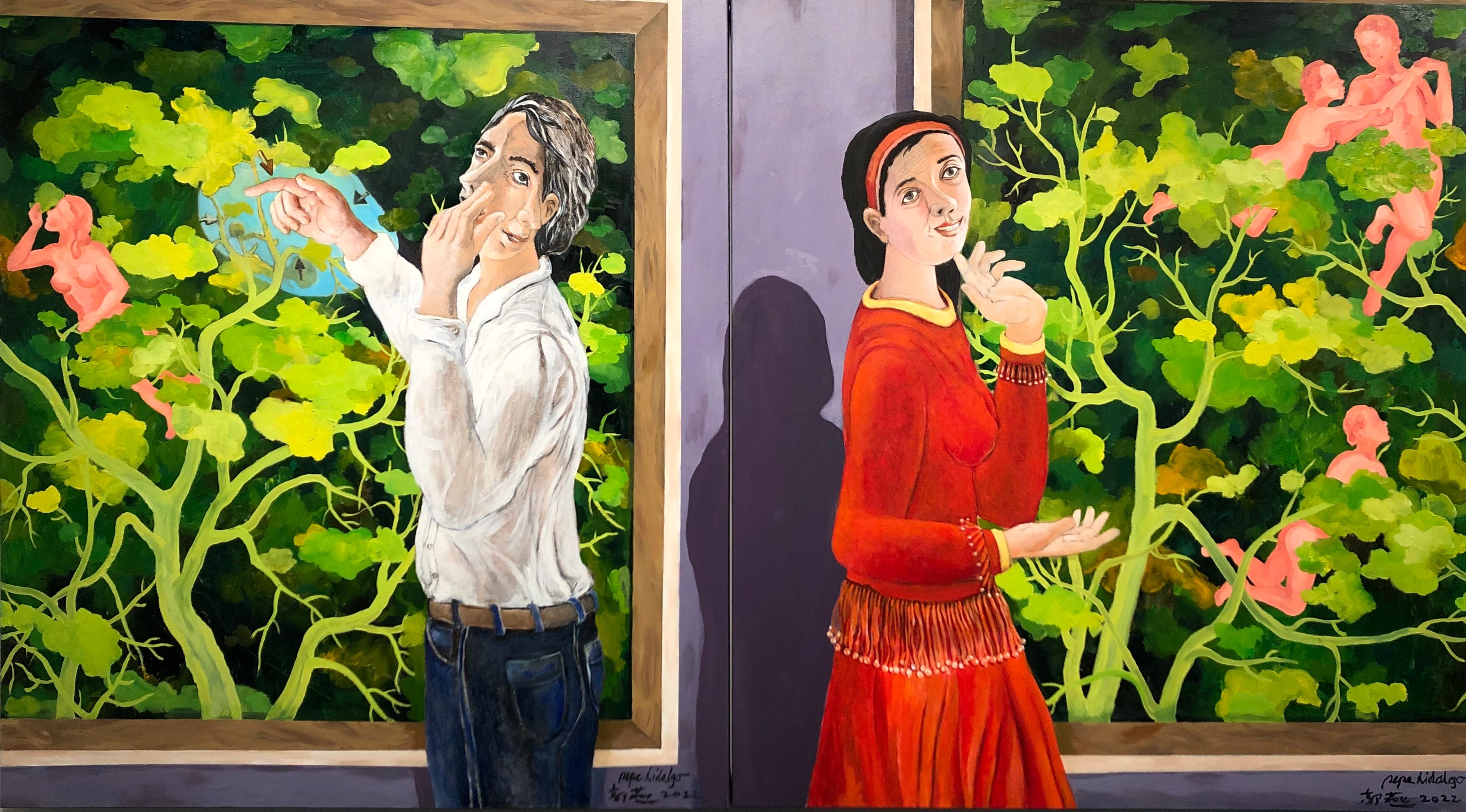 Garden in Spring (diptych) - oil and acrylic on canvas - Painting by Pepe Hidalgo and Guo Yan