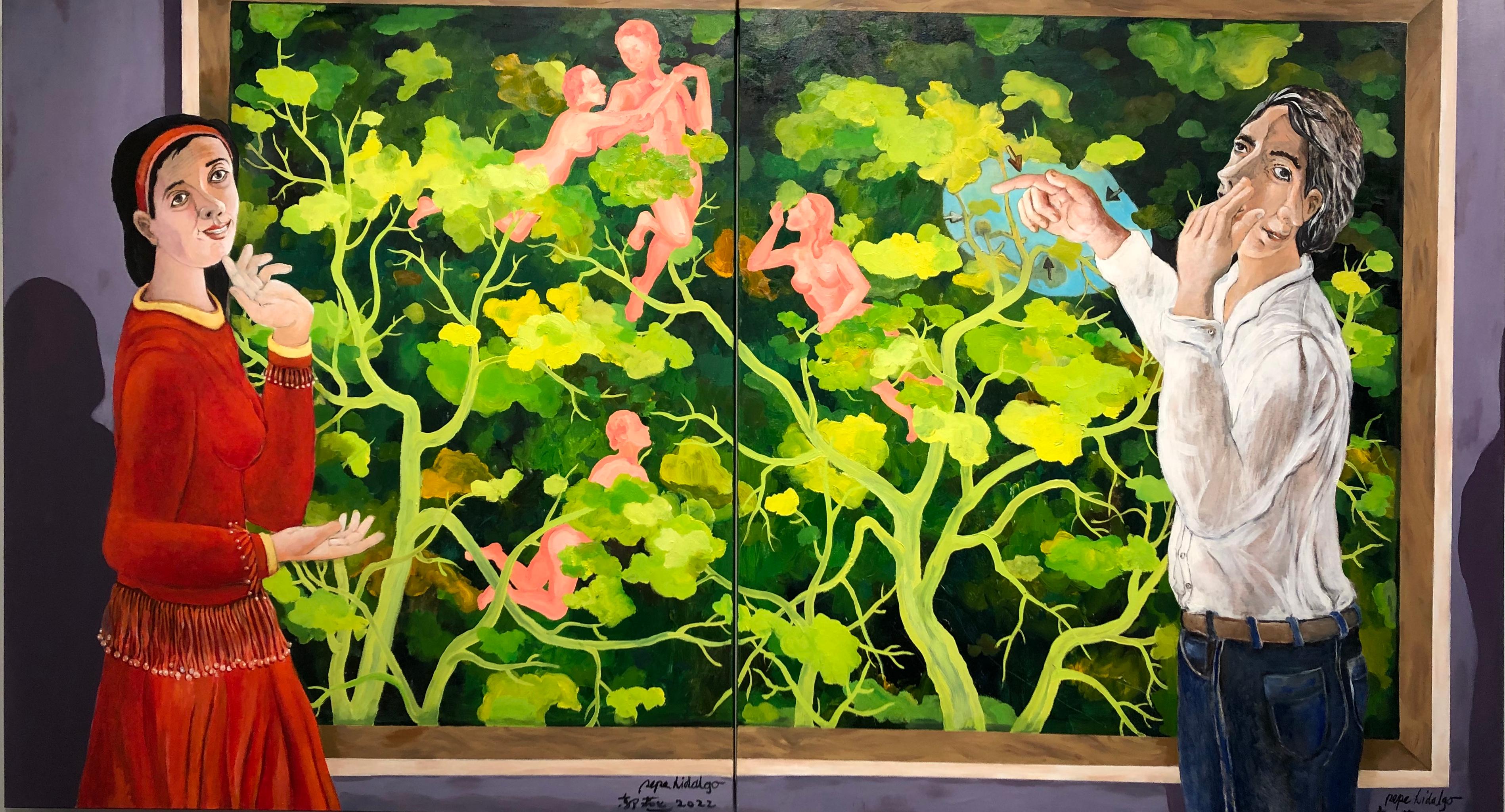 Pepe Hidalgo and Guo Yan Figurative Painting - Garden in Spring (diptych) - oil and acrylic on canvas