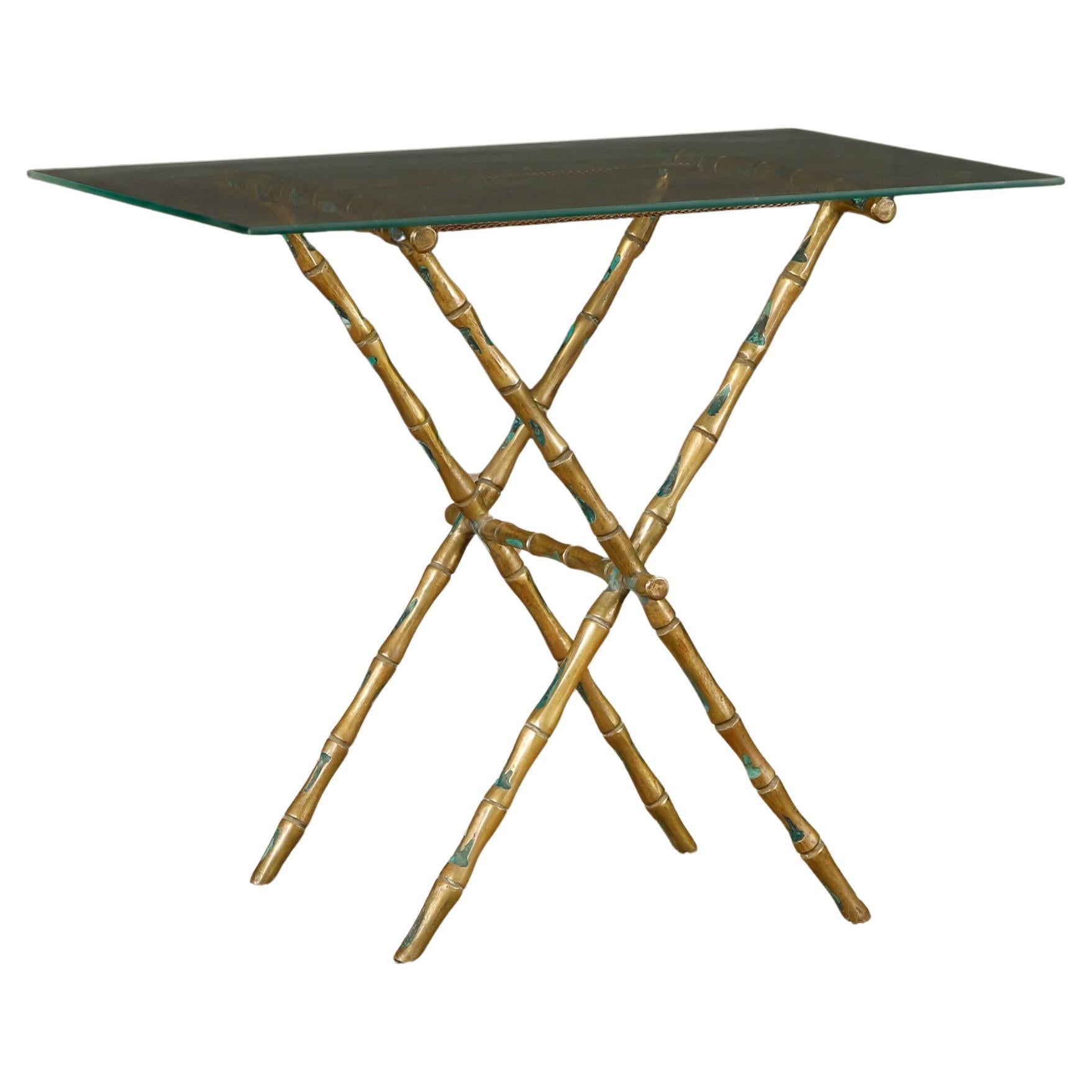 Pepe Mendoza Brass and Turquoise Enamel Folding 
Bamboo
 Side Table, 1950s For Sale