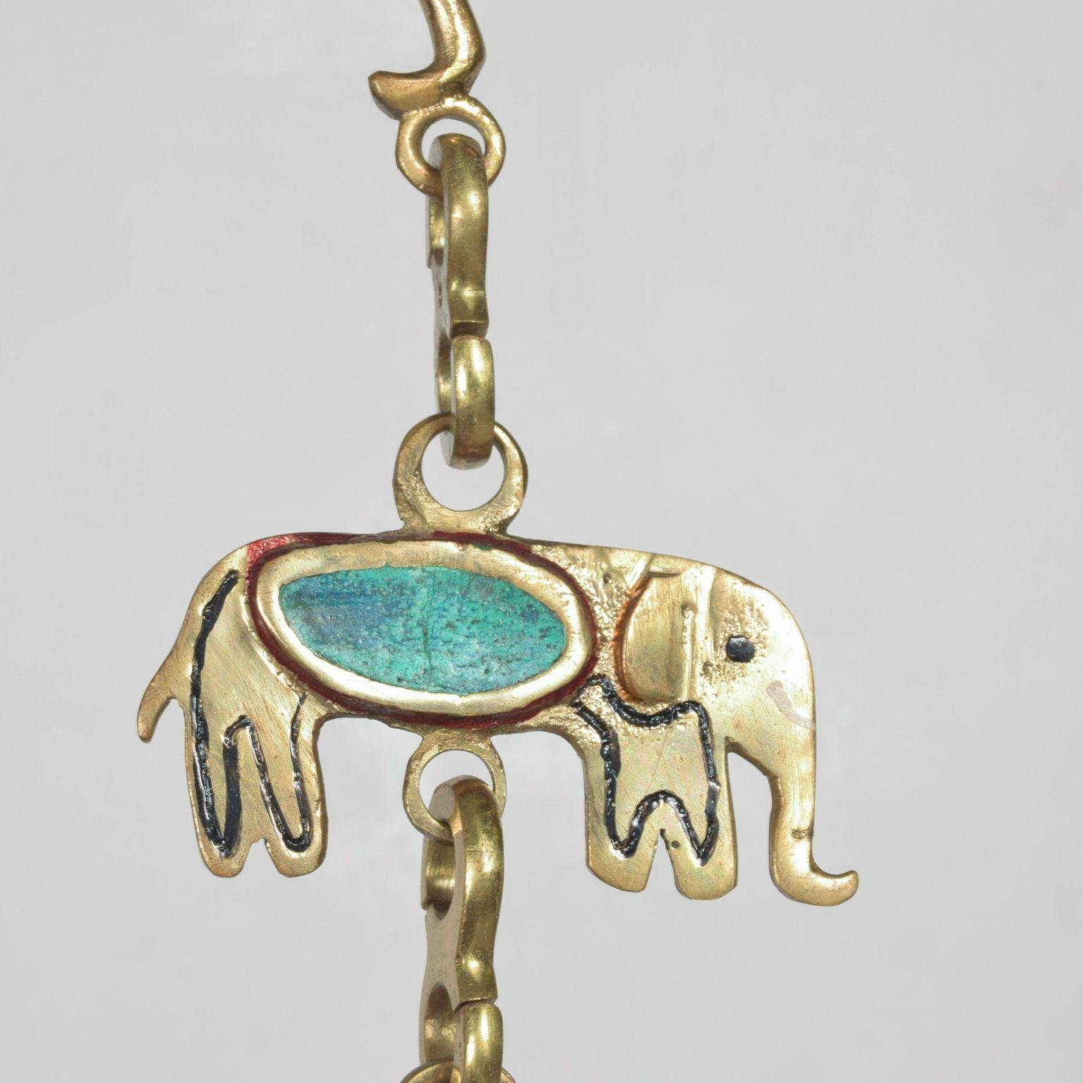 Pepe Mendoza Brass Elephant Hanging Lamp Chain in Turquoise and Brass MEXICO In Good Condition In Chula Vista, CA