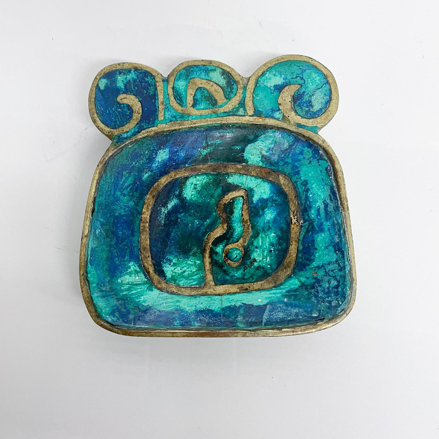 For your consideration: Fabulous Pepe Mendoza Ashtray Decorative Dish Made in Mexico circa 1958.
Rich Patinated Brass with Beautiful Malachite. 
Dimensions: 4.38 W x 4.75 D x .75 tall
Original vintage unrestored condition. Patina present. Refer