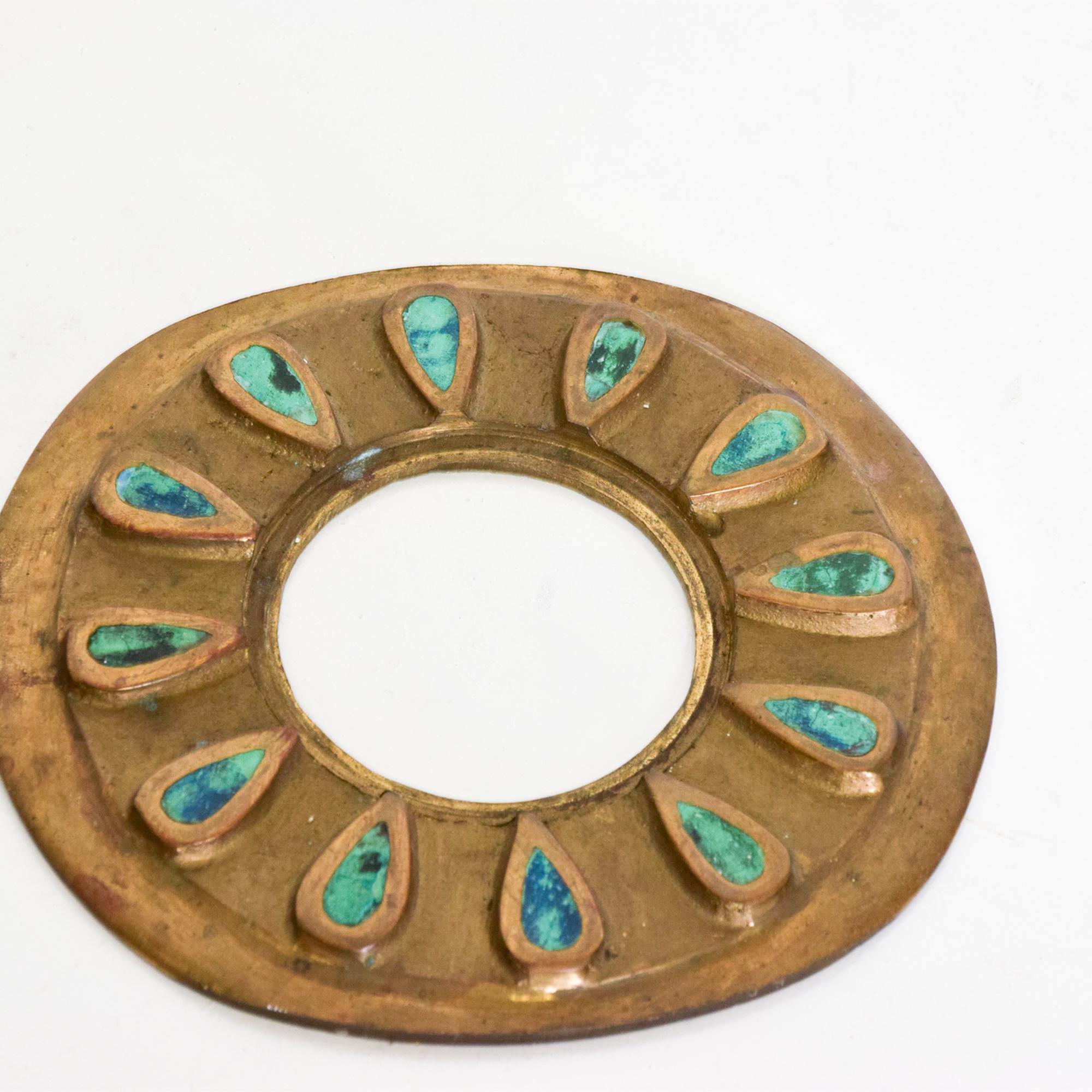  By artist Pepe Mendoza decorative round doorknob rosette plates accessory midcentury Mexican modernist.
This listing is for two pieces. A stunning set providing fabulous style.
Designed in cast bronze with malachite inserts. Original label present