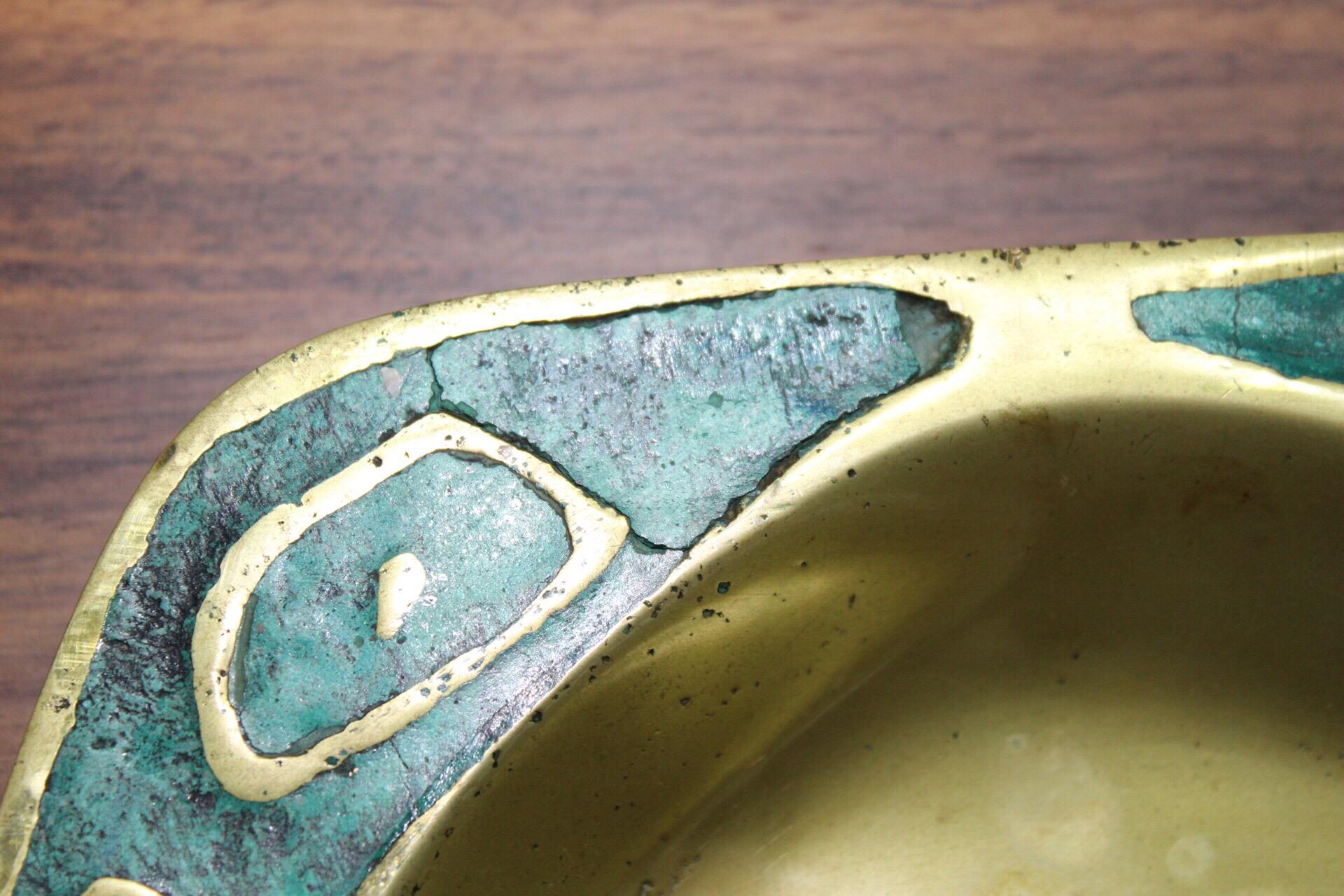 1950s dish brass and ceramic inlay, art from the studio of Mexican modernist metal worker Pepe Mendoza.