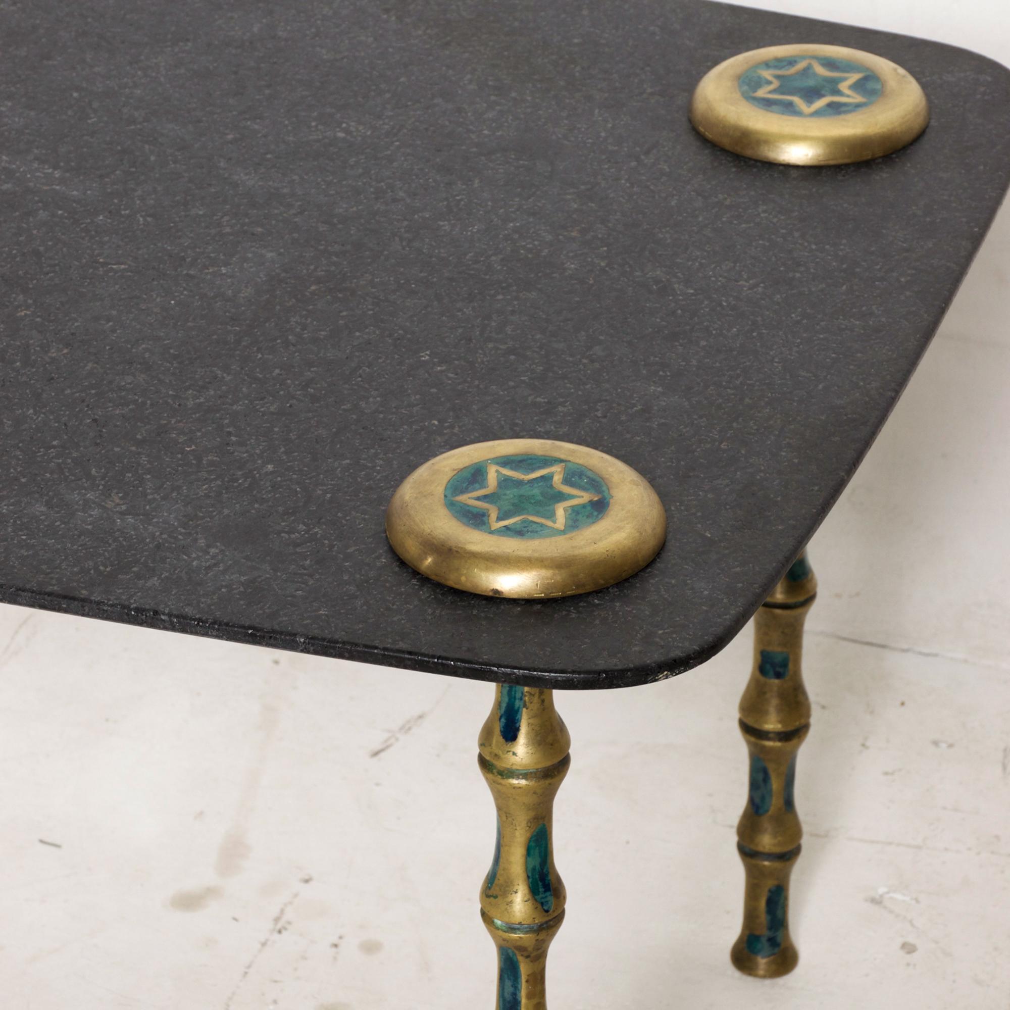 Mexican 1958 Pepe Mendoza Coffee Table Floating Black Marble, Malachite & Braided Brass