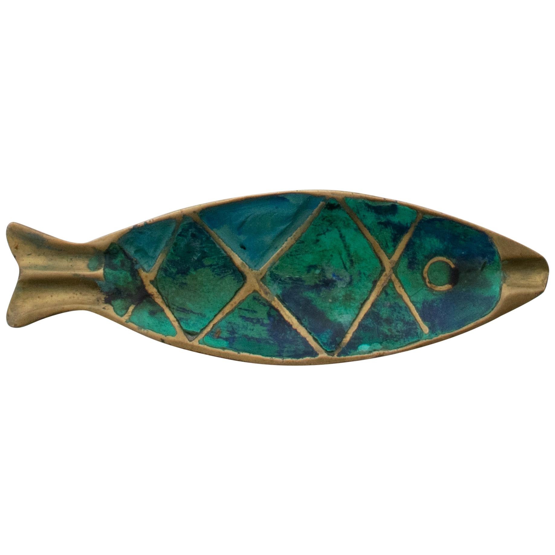 1958 Pepe Mendoza Fish Ashtray in Turquoise Malachite & Bronze from Mexico