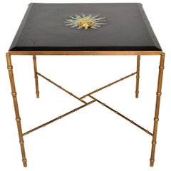 1950s Pepe Mendoza Square Brass Table Malachite Sun Sculpture Mexico City