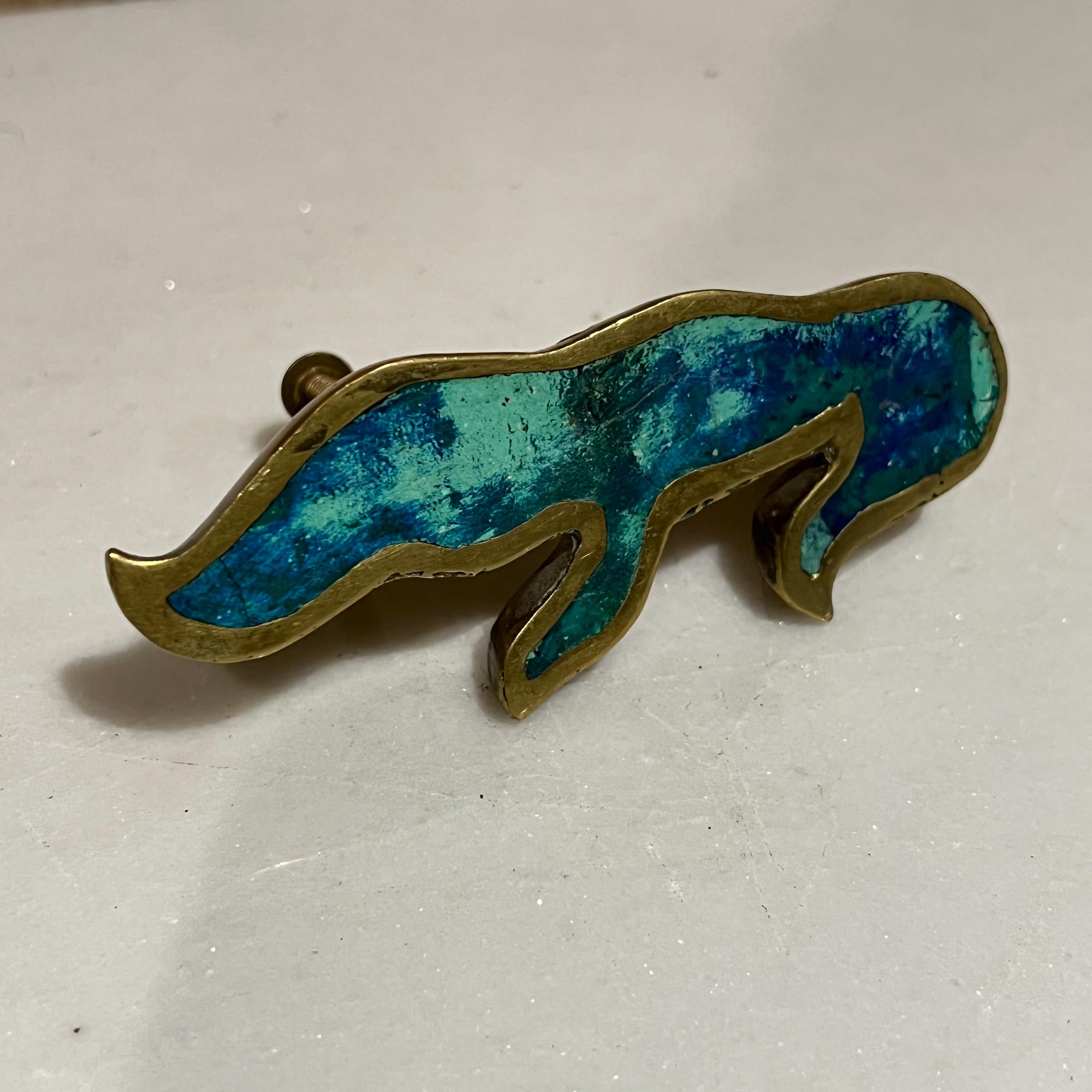 Mid-20th Century Pepe Mendoza Mayan Revival Flame Pull Handle Bronze and Malachite Mexico 1950s