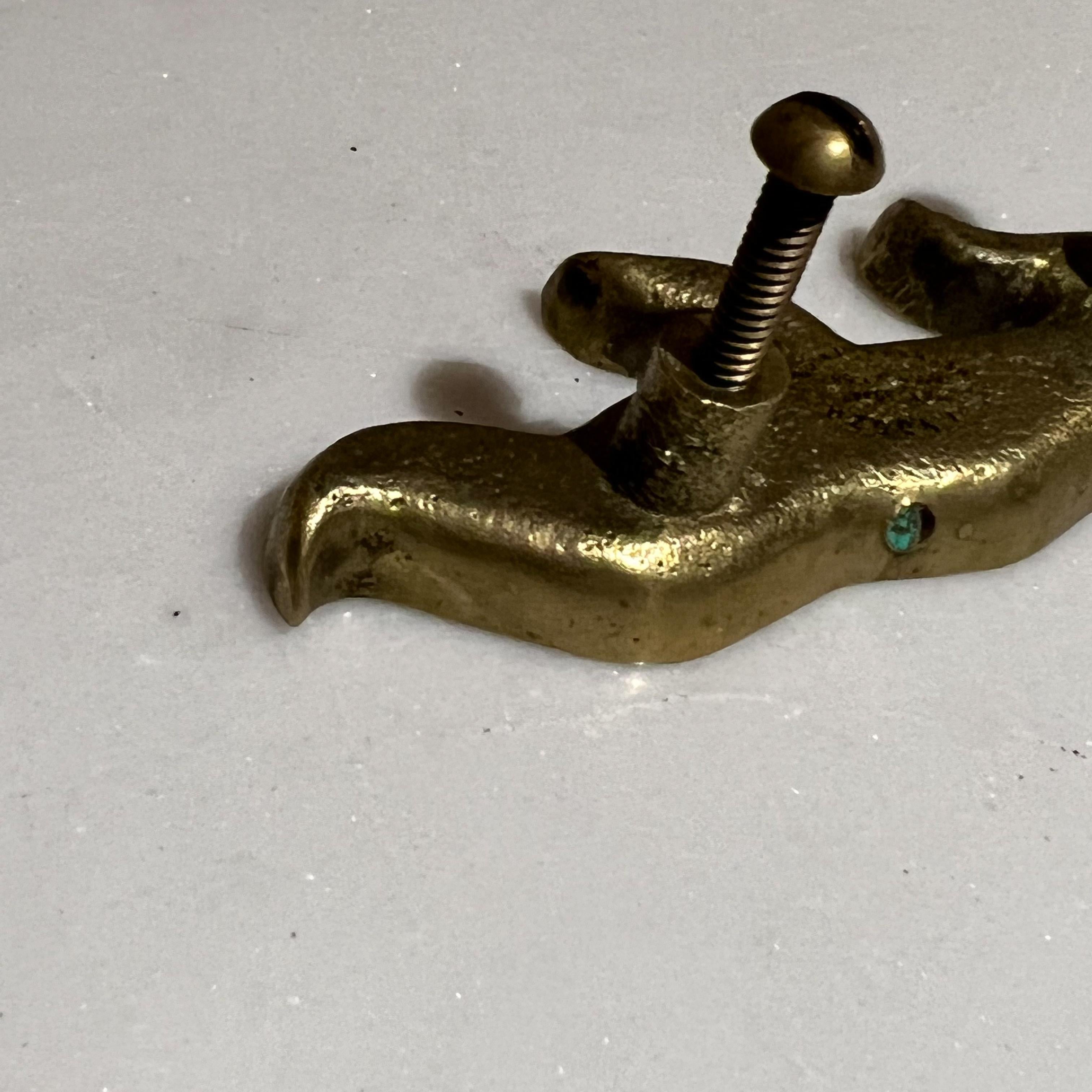 Pepe Mendoza Mayan Revival Flame Pull Handle Bronze and Malachite Mexico 1950s 2