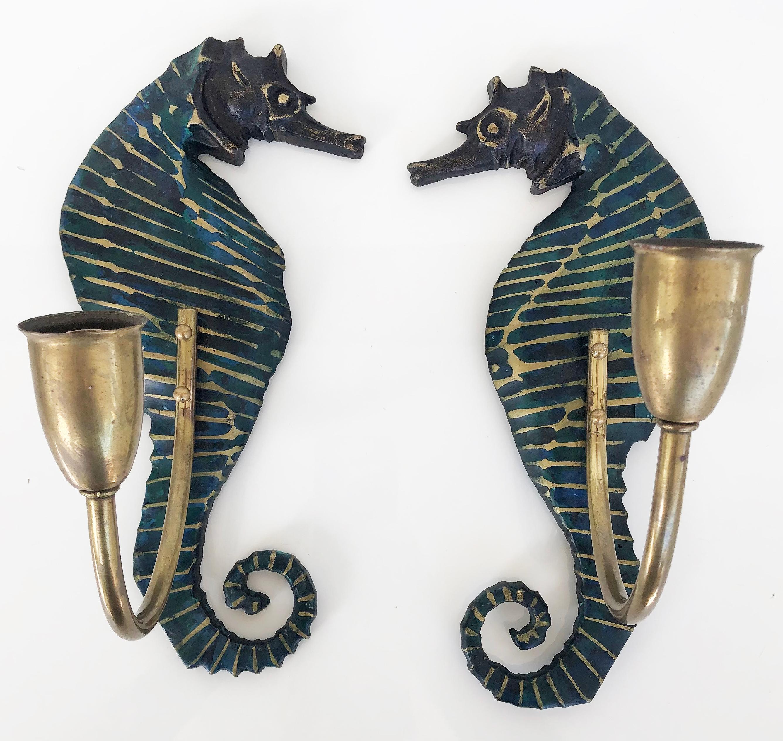 Mid-Century Modern Pepe Mendoza 1960s Brass Malachite SeaHorse Sconces, Pair